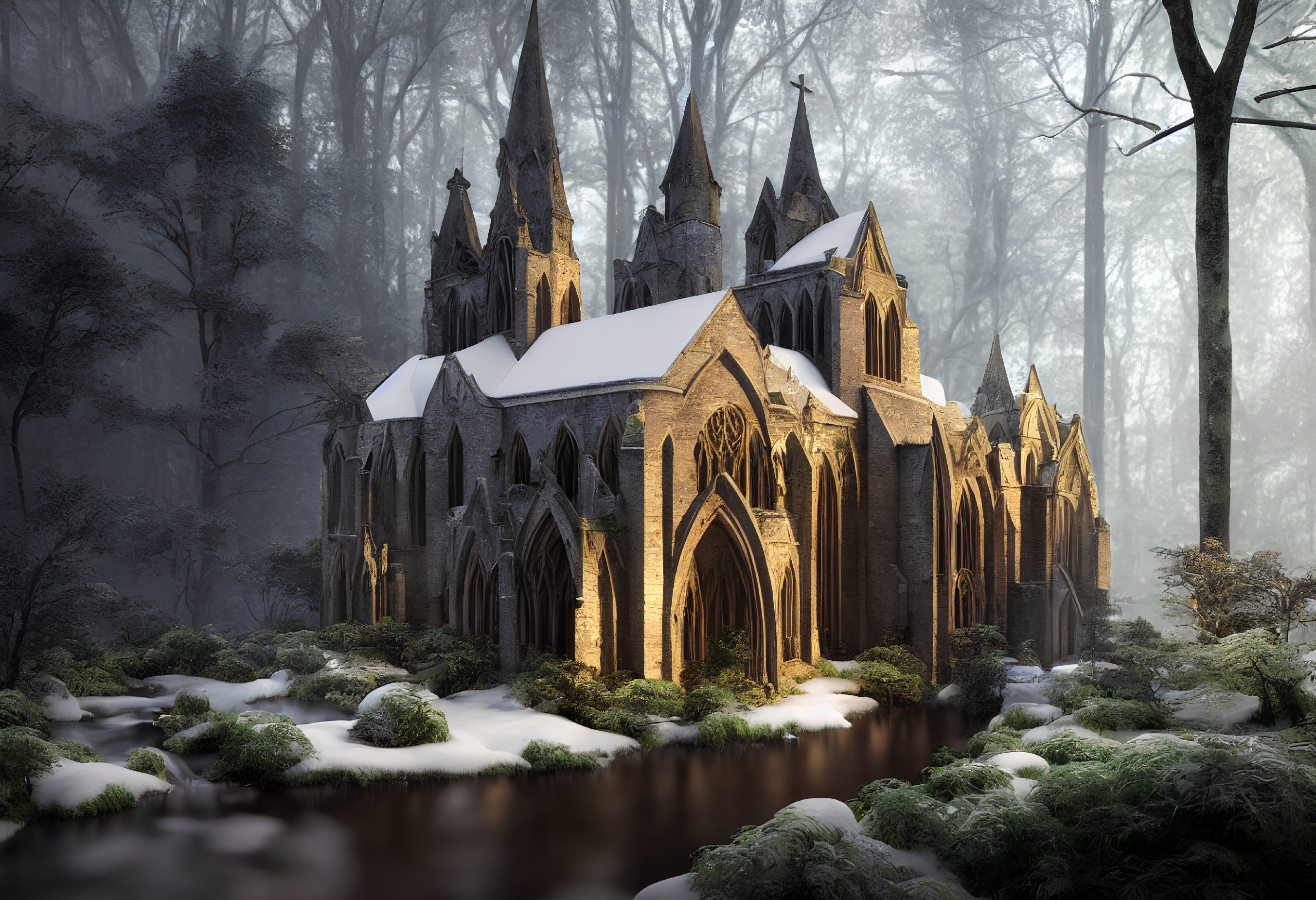 Snowy Gothic-style church in foggy forest with calm stream and sunlit mist.