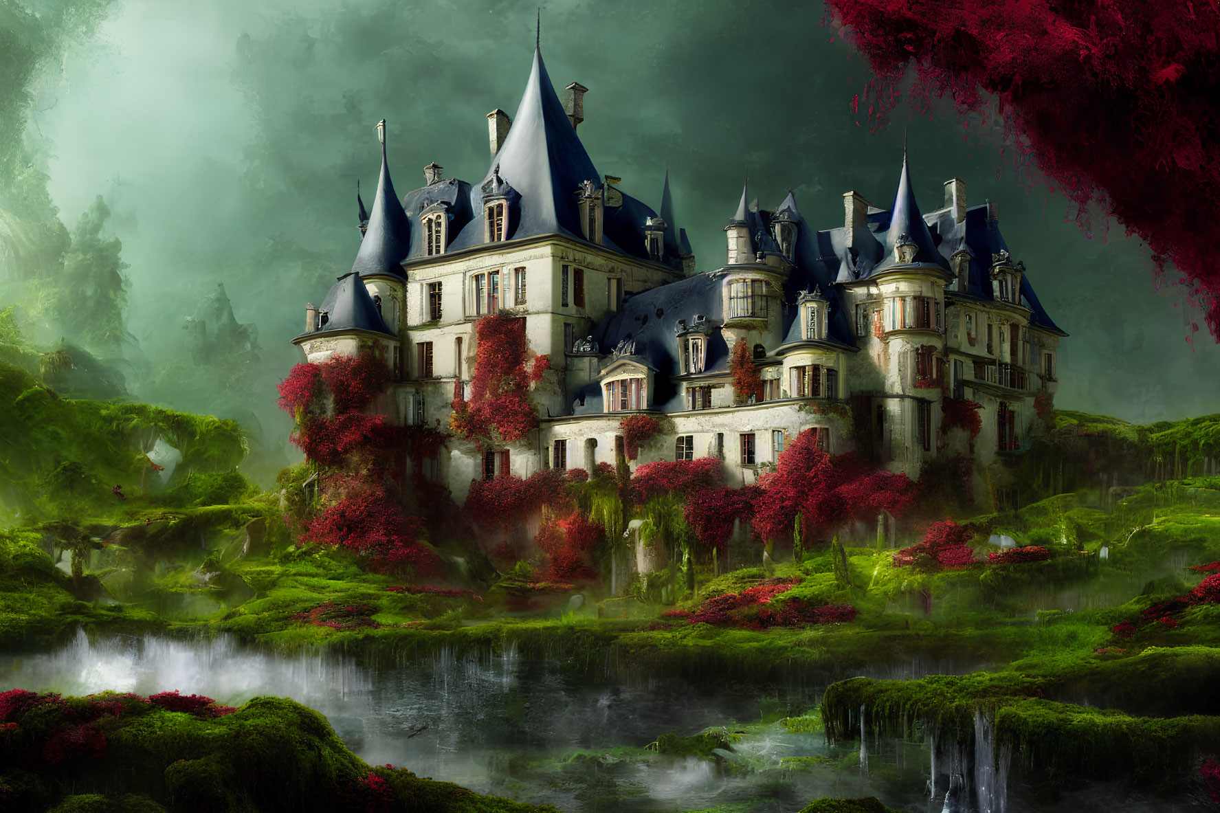 Majestic chateau in mystical landscape with lush greenery and red foliage