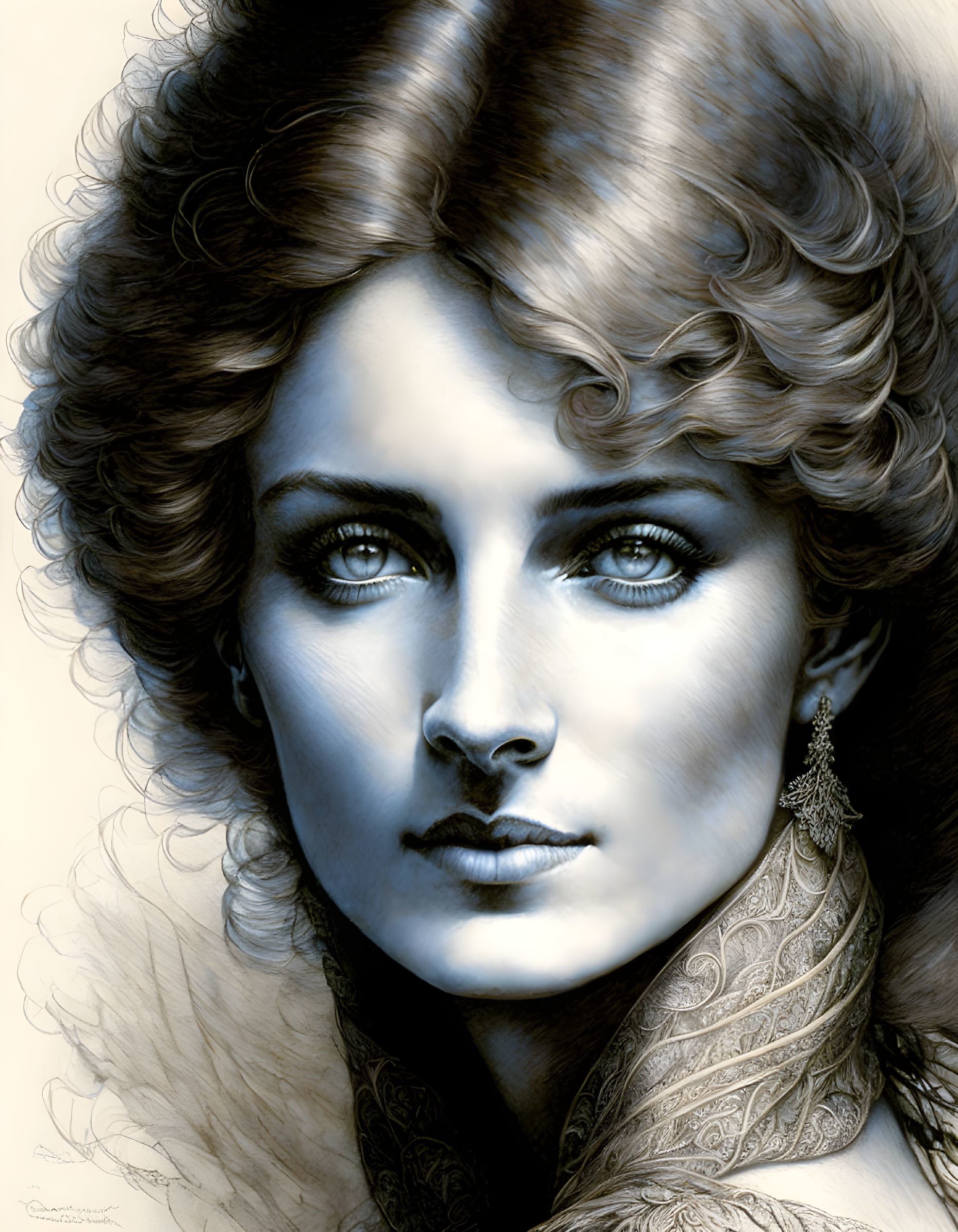 Detailed monochromatic illustration of woman with voluminous curly hair and elegant attire.