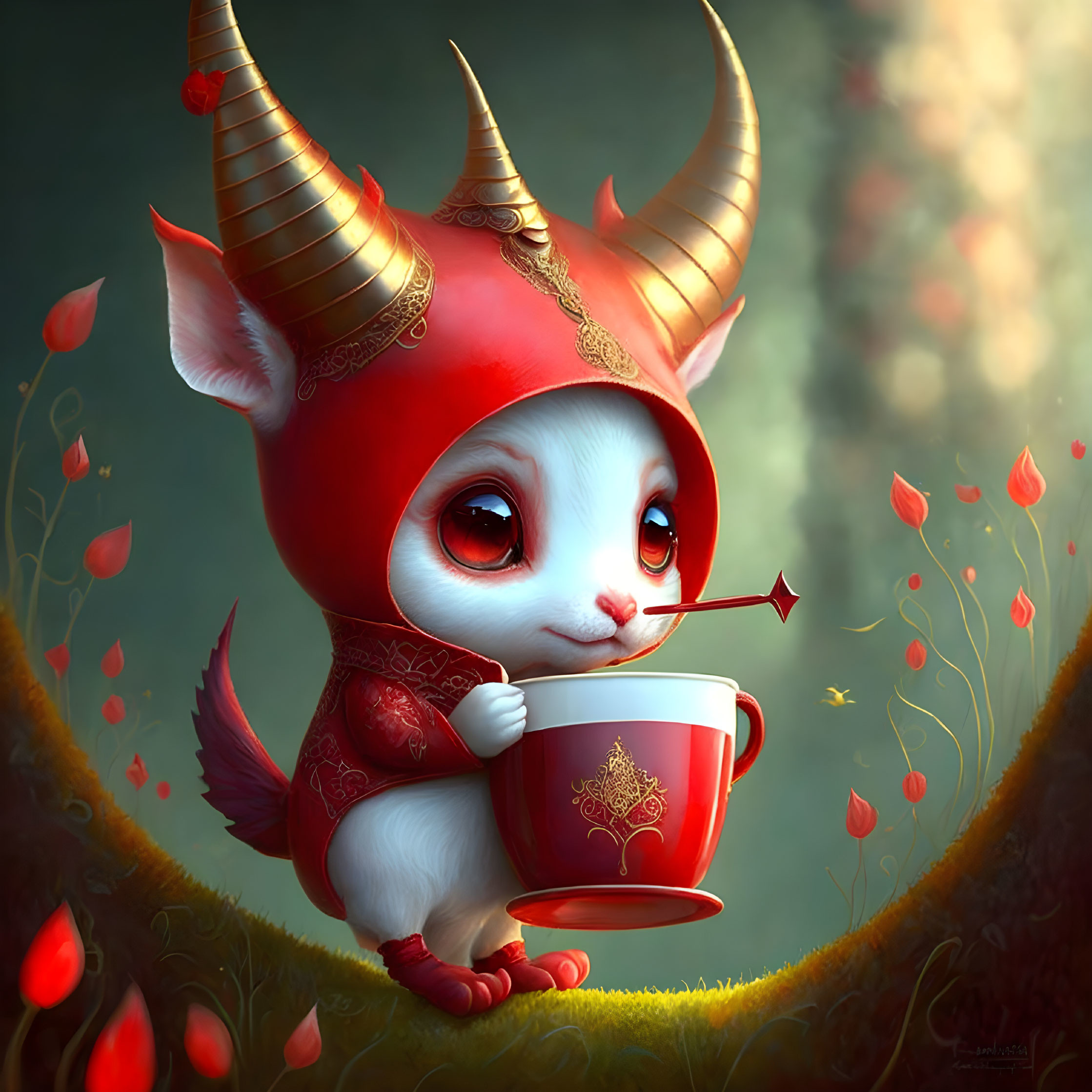 Adorable creature with goat-like horns sips from ornate cup amidst falling red leaves