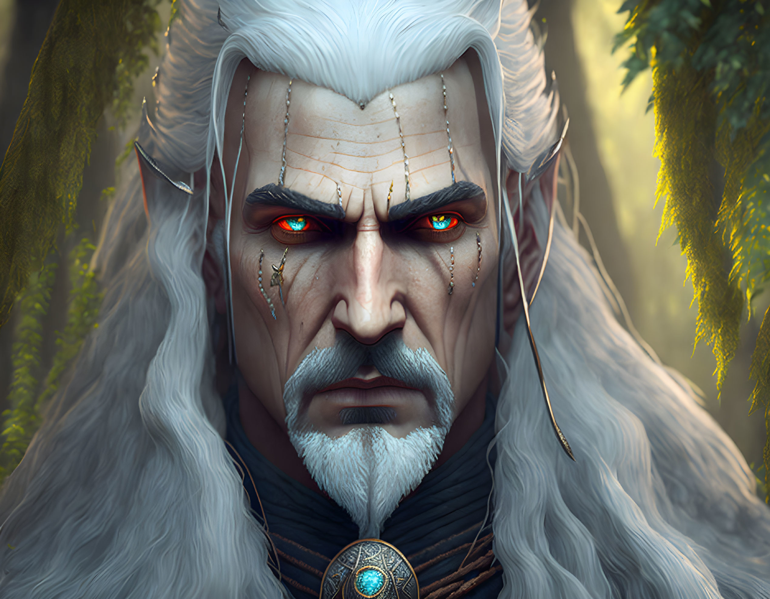 Fantasy character with red eyes and white hair in mystical forest