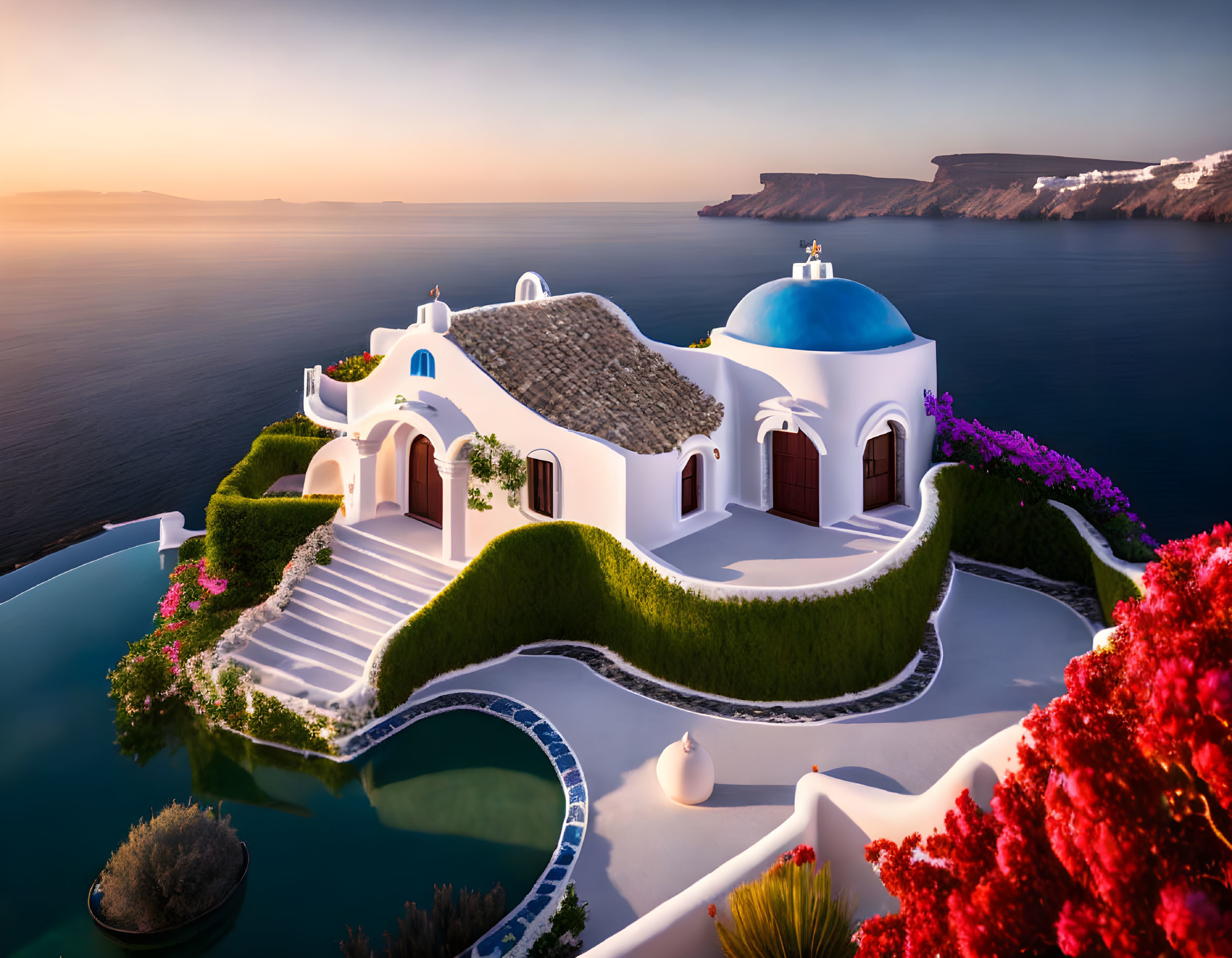 White villa with blue dome by the sea at sunset surrounded by greenery & flowers