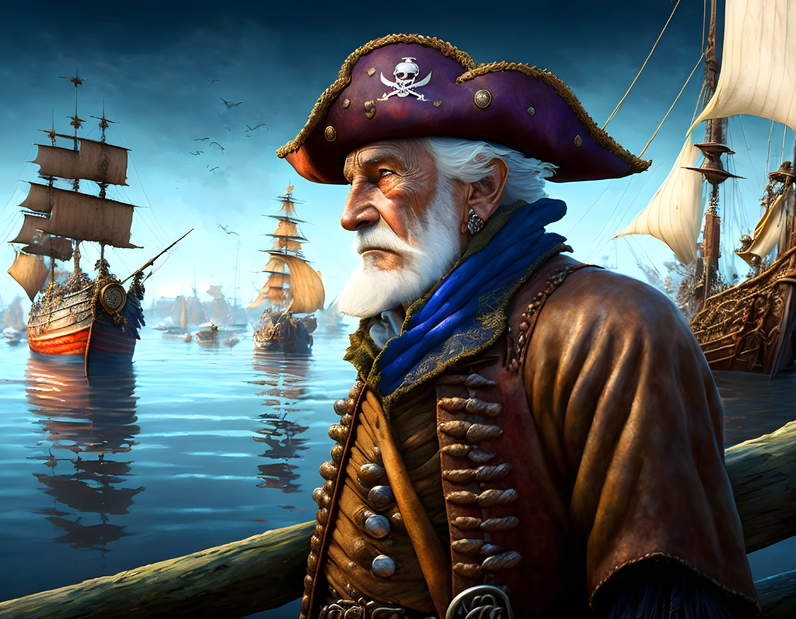 Old pirate with white beard in tricorne hat by sea with ships