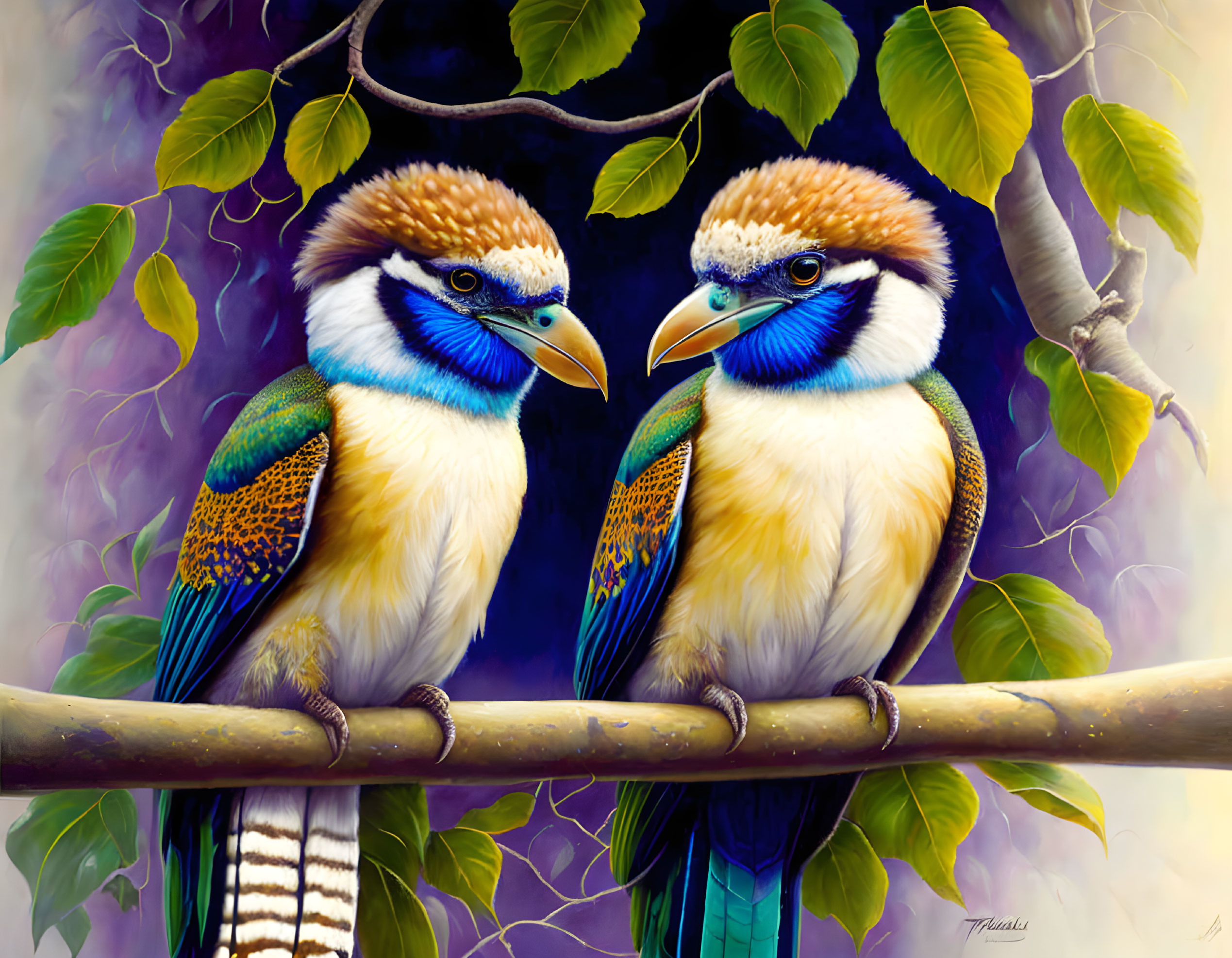 Vibrant kookaburras on branch with lush green leaves in background