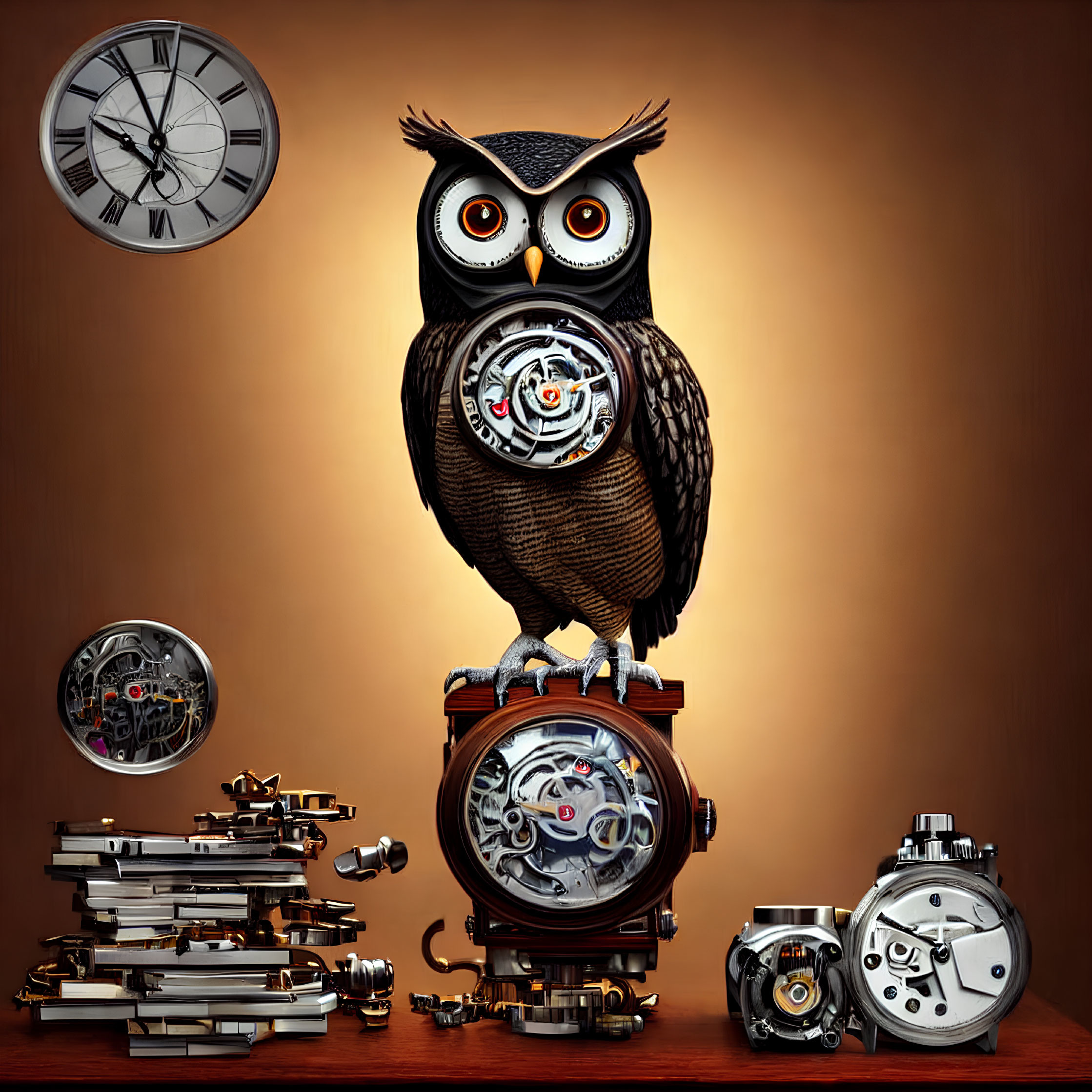 Owl sculpture with watch parts on gear, surrounded by clocks and books