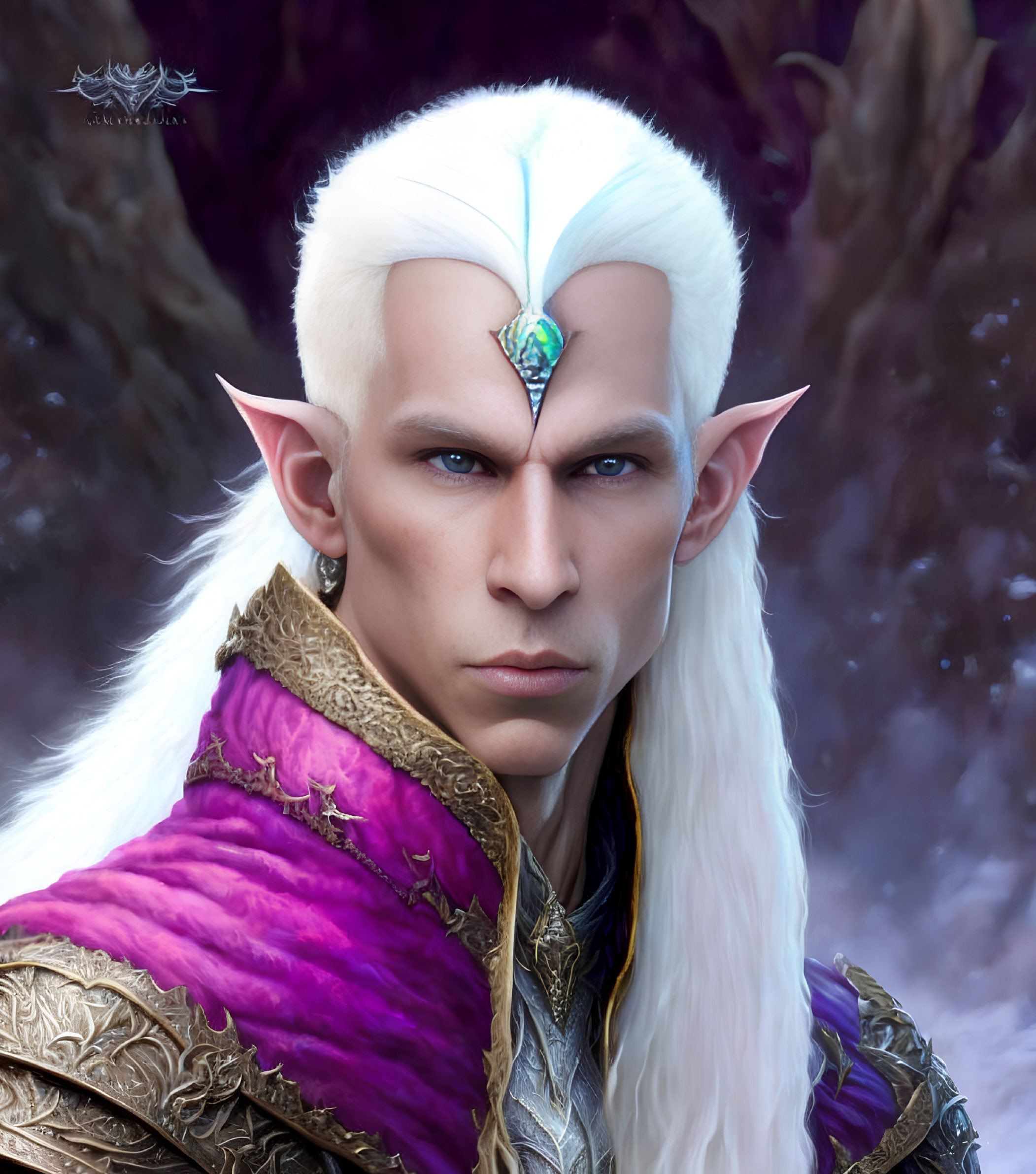 Elven character with white hair, green gem tiara, and purple royal attire