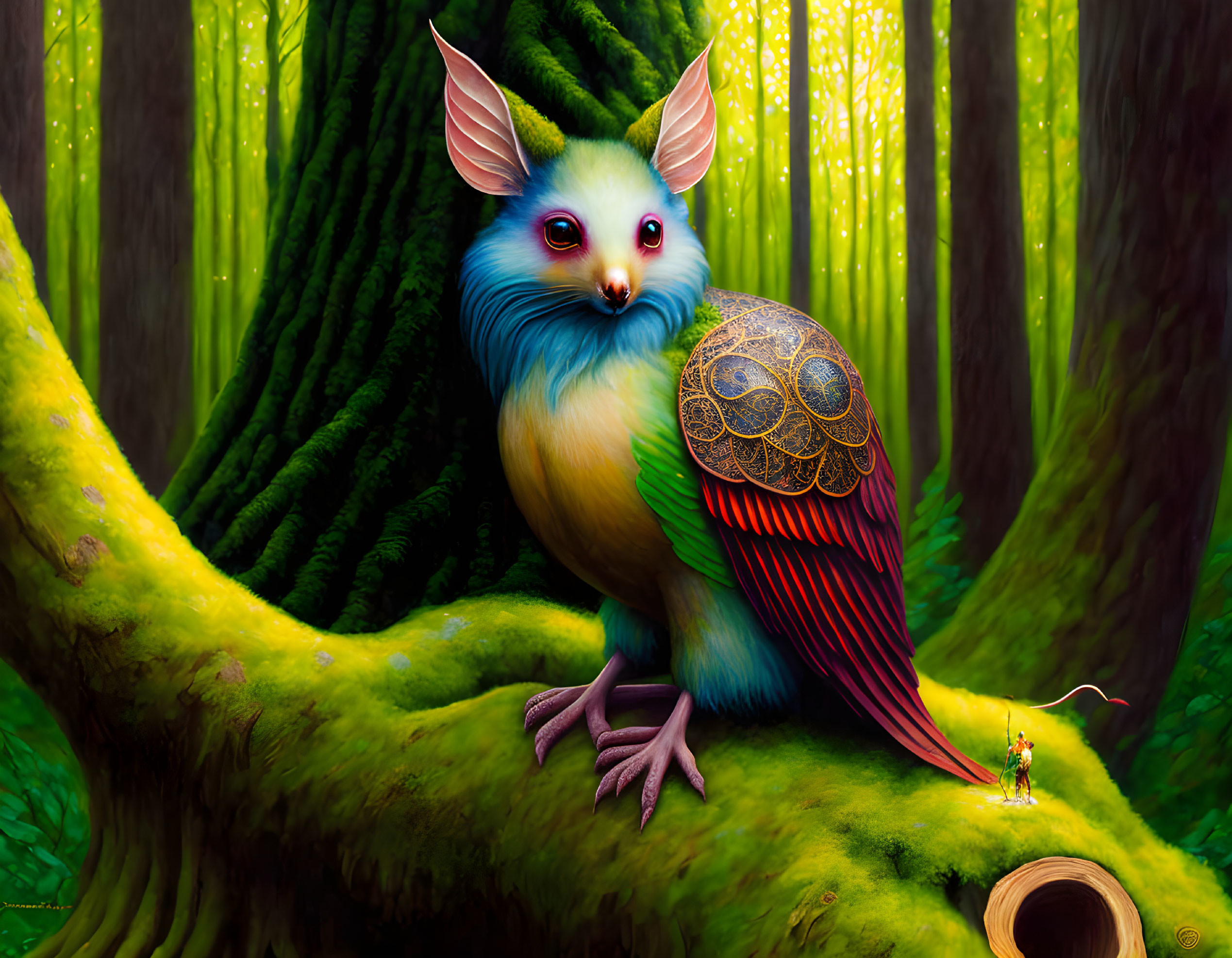 Vibrant blue owl-like creature with yellow eyes in enchanted forest