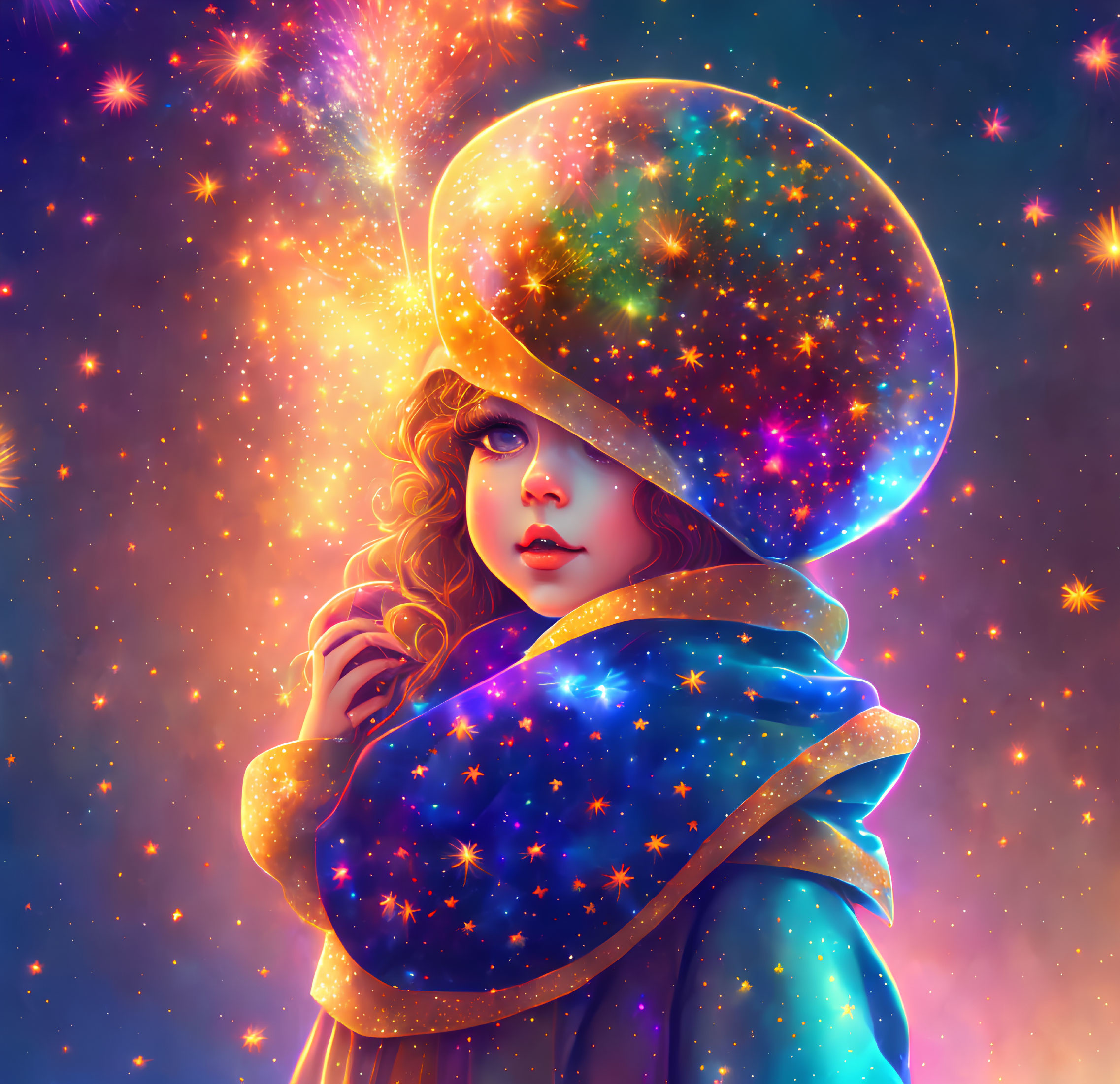 Cosmic-themed outfit girl with galaxy-filled helmet surrounded by stars and nebulae