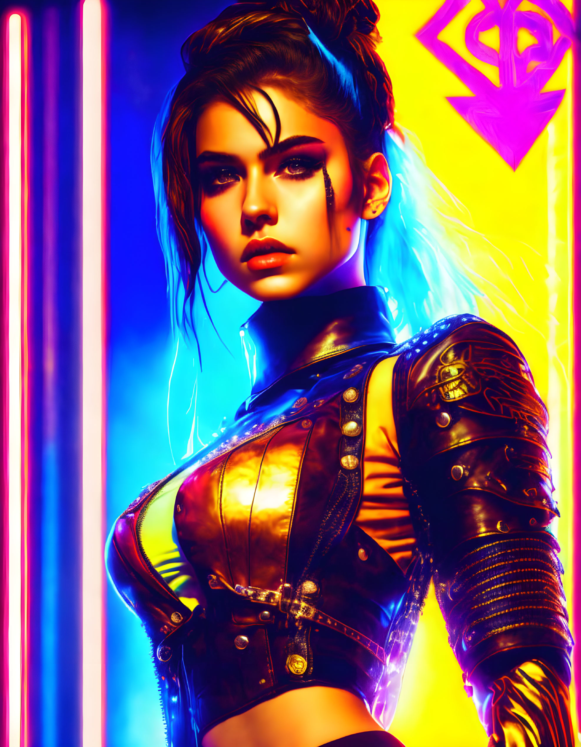 Vibrant digital artwork of a punk-inspired woman in neon colors