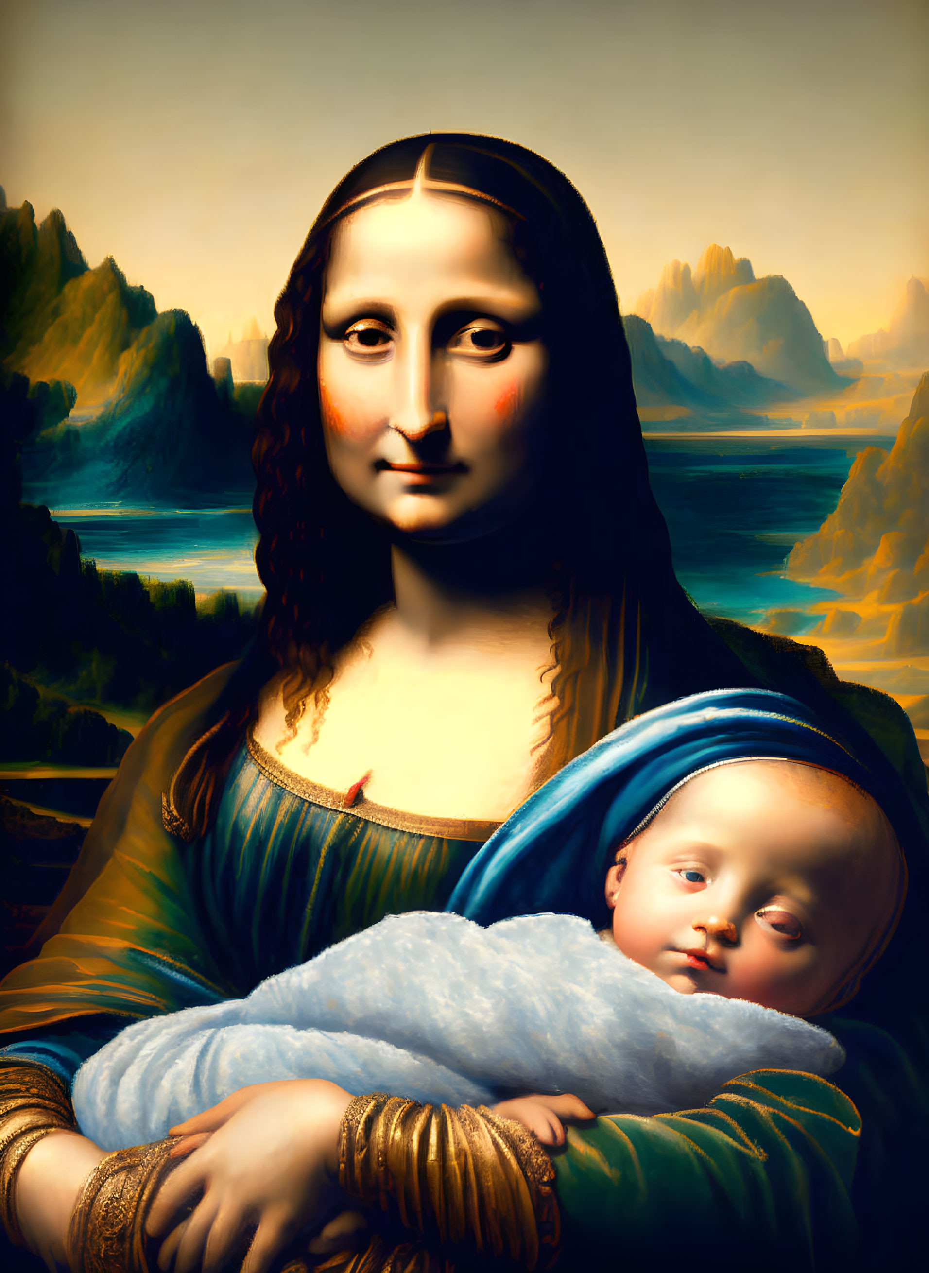 Digital Artwork: Mona Lisa Blended with Serene Landscape Holding Baby