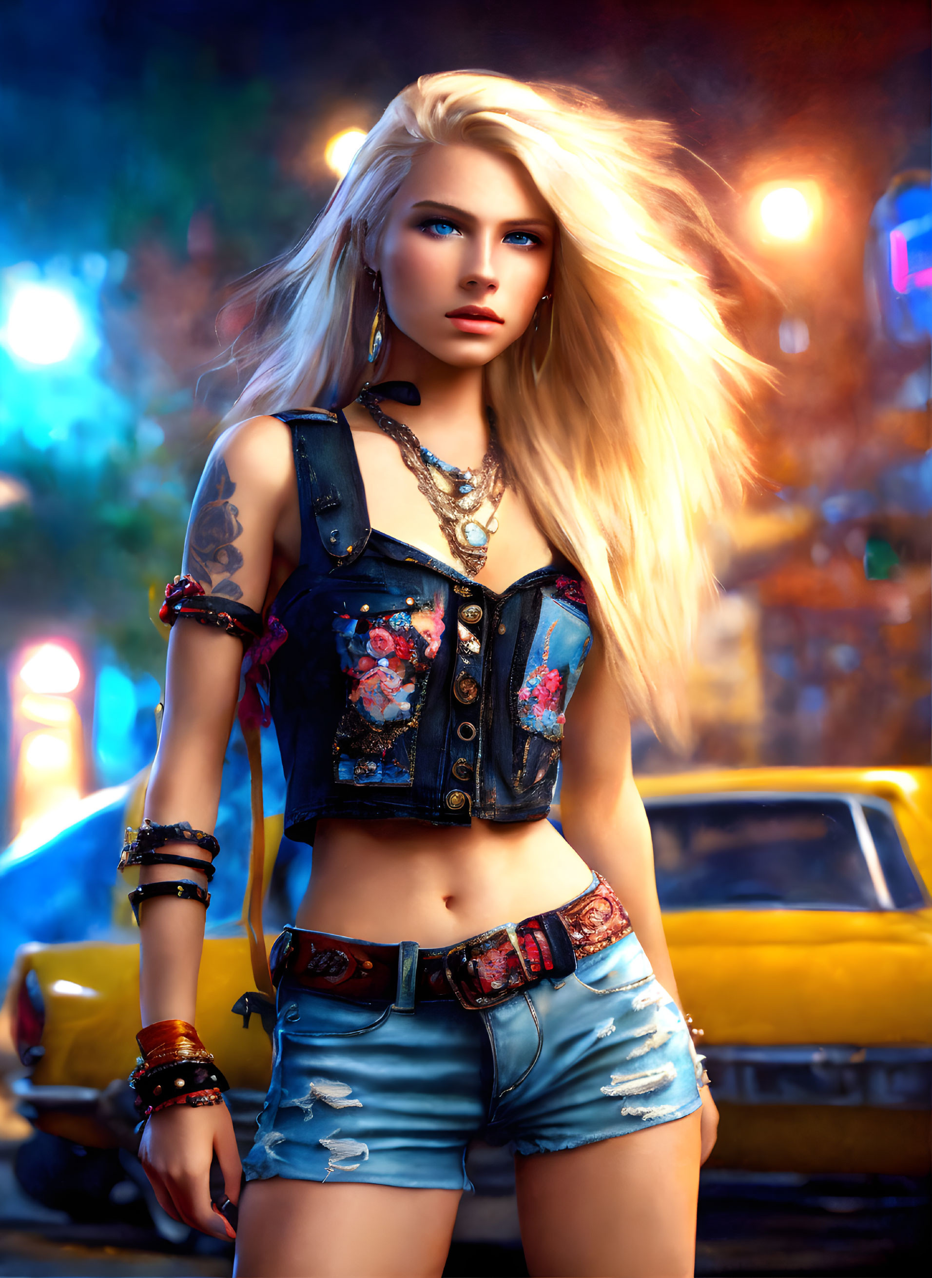 Blonde woman in denim outfit with tattoos in cityscape art