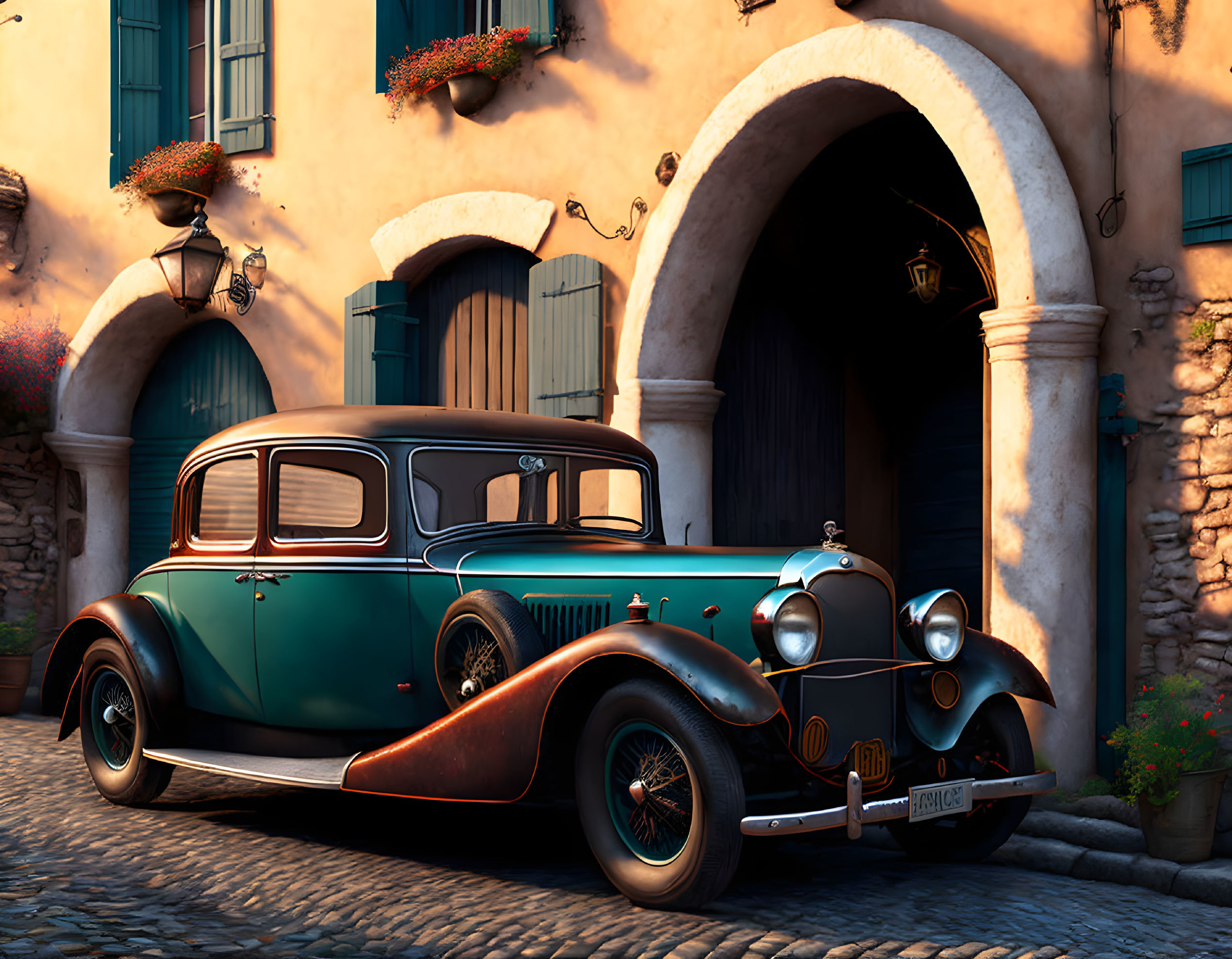 Vintage car parked in cobblestone alley with rustic buildings and warm light.