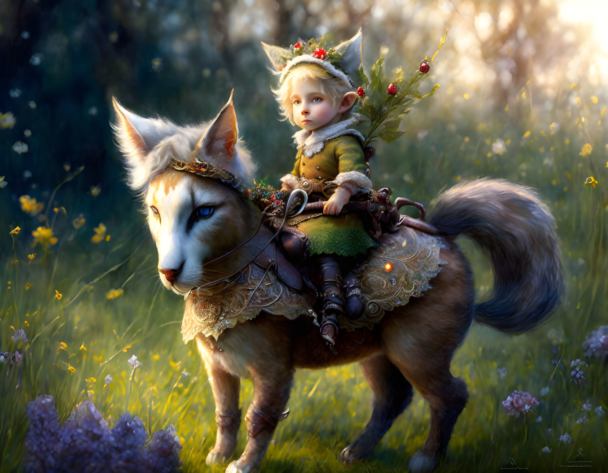 Delicate fairy riding majestic fox in blooming meadow