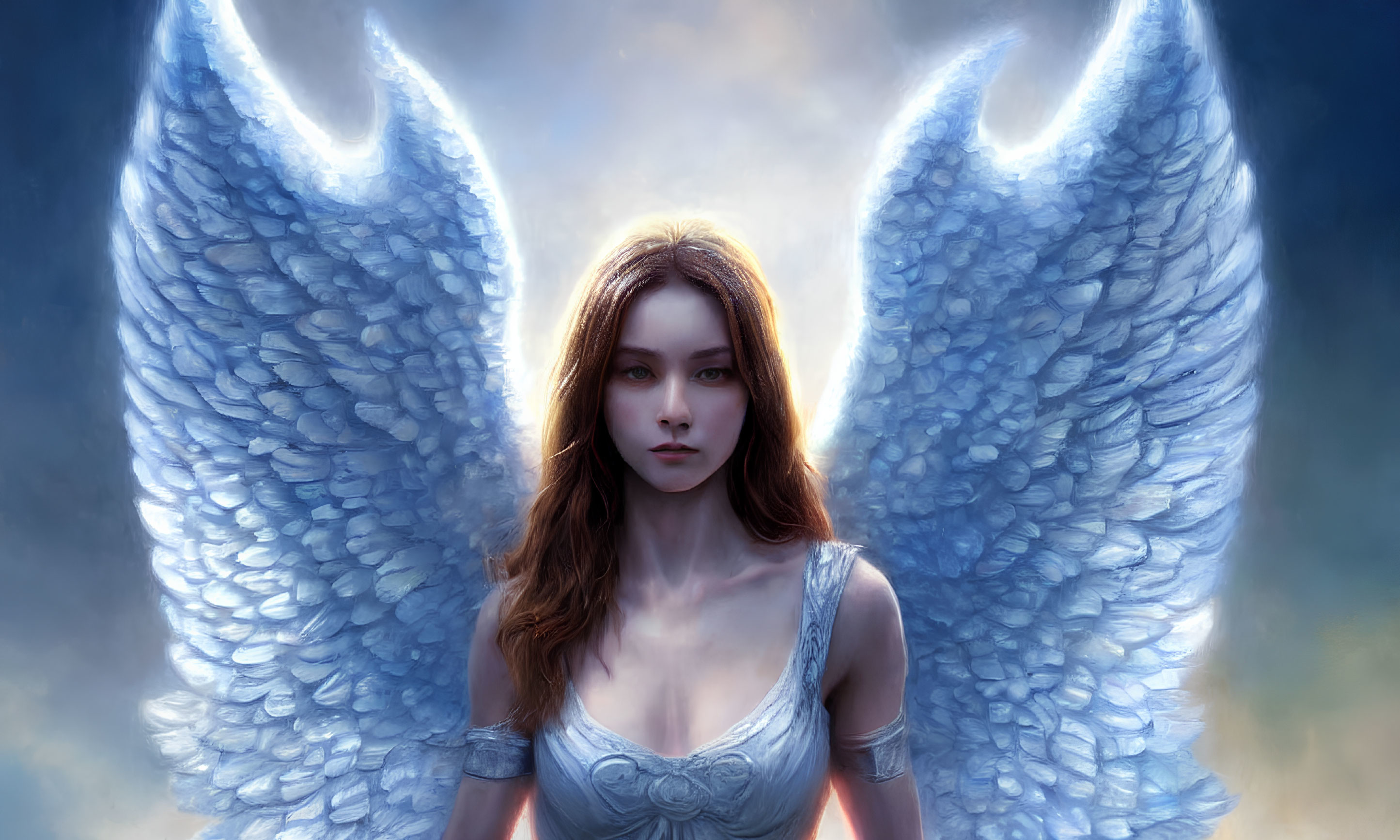 Digital artwork: Woman with luminous angel wings in mystical atmosphere