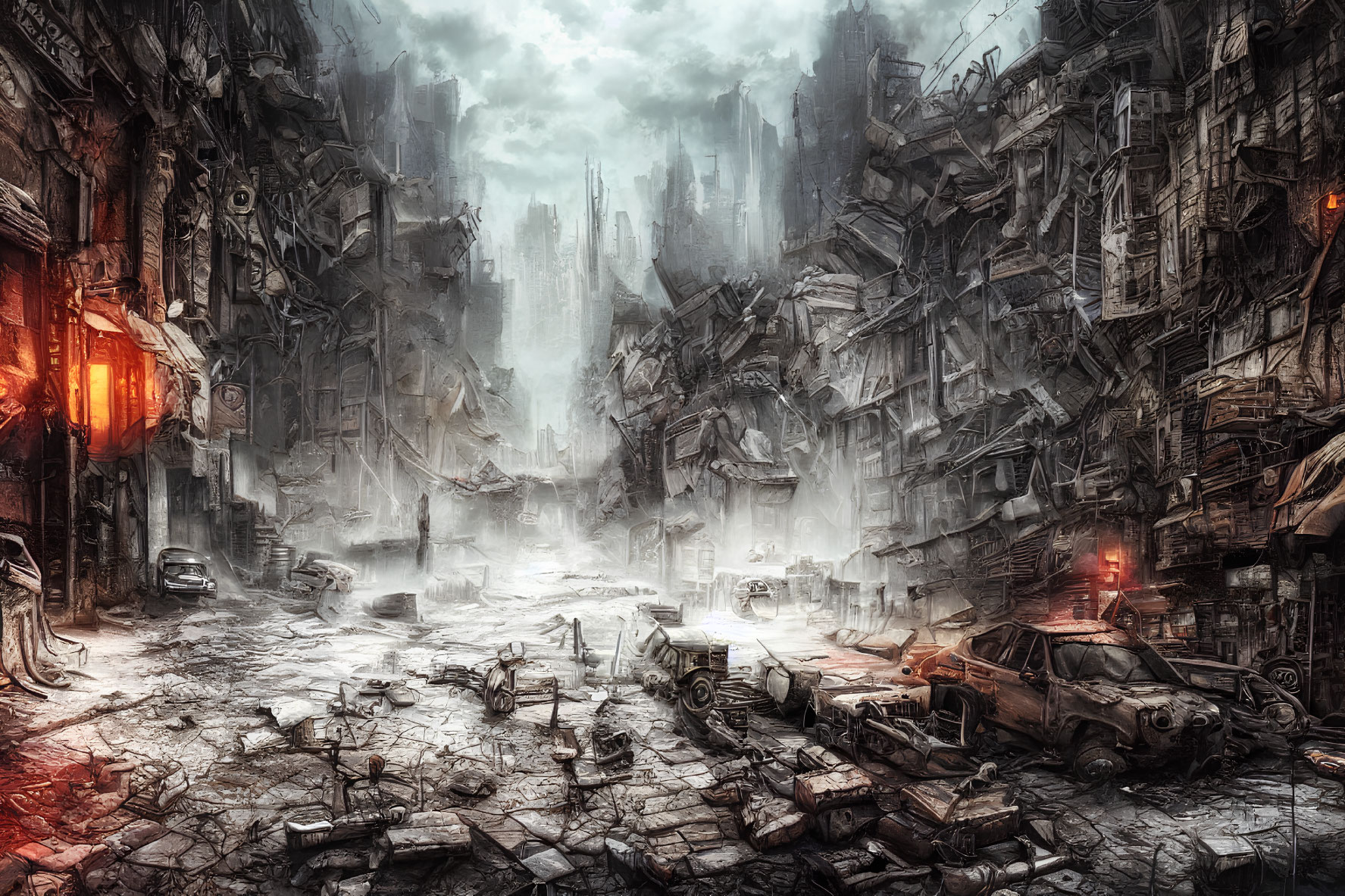 Dystopian cityscape with dilapidated buildings and debris-strewn streets