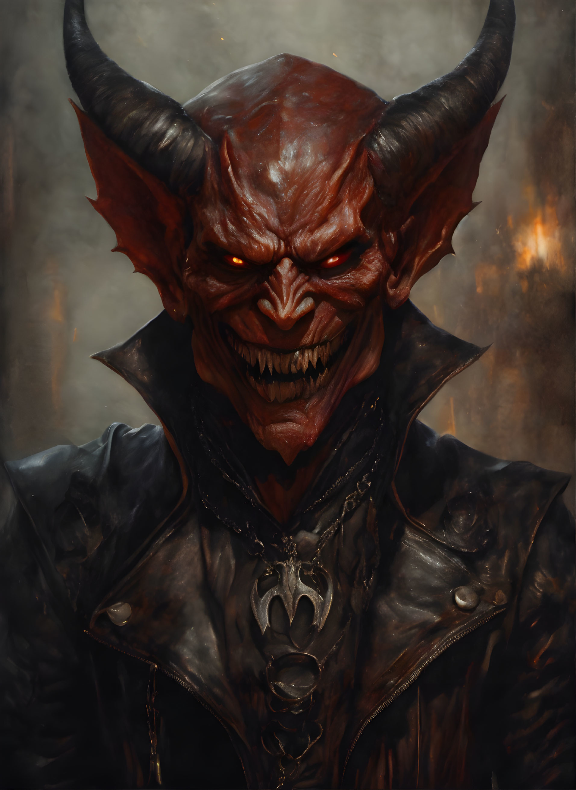 Sinister red-skinned demon with horns and yellow eyes in leather outfit