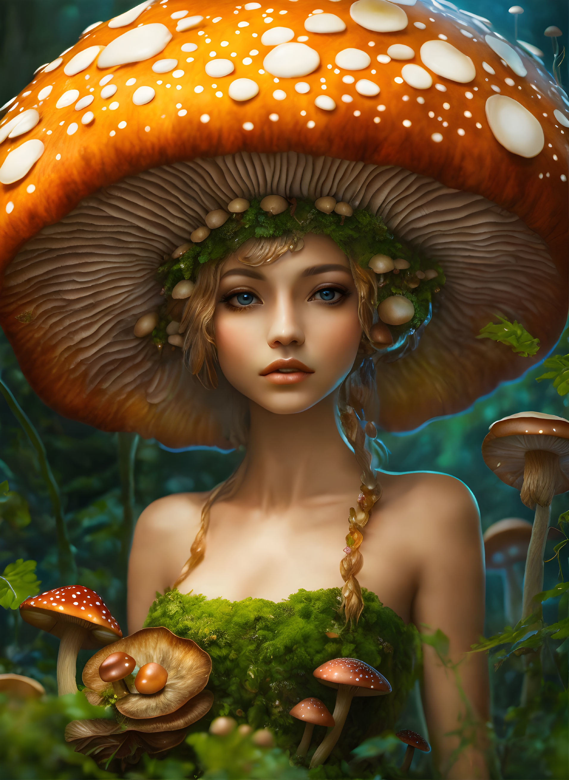 Fantastical female figure with mushroom headgear in lush setting