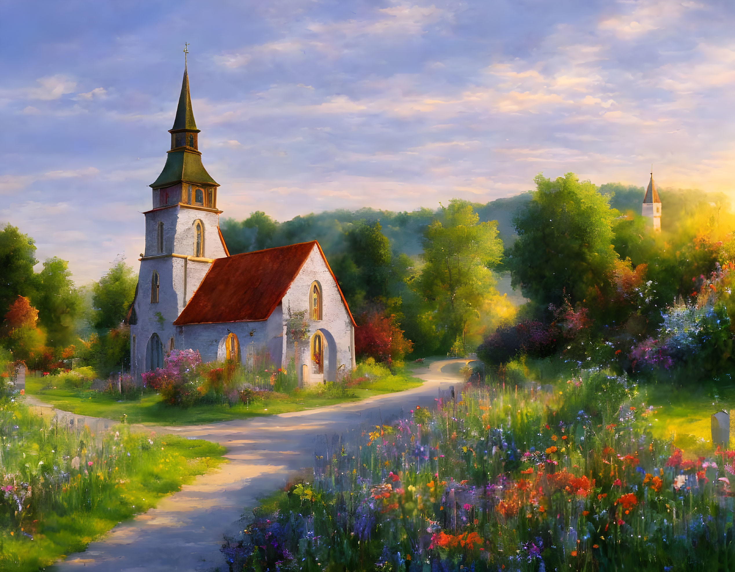 Quaint church with spire in wildflower meadow under pastel sky