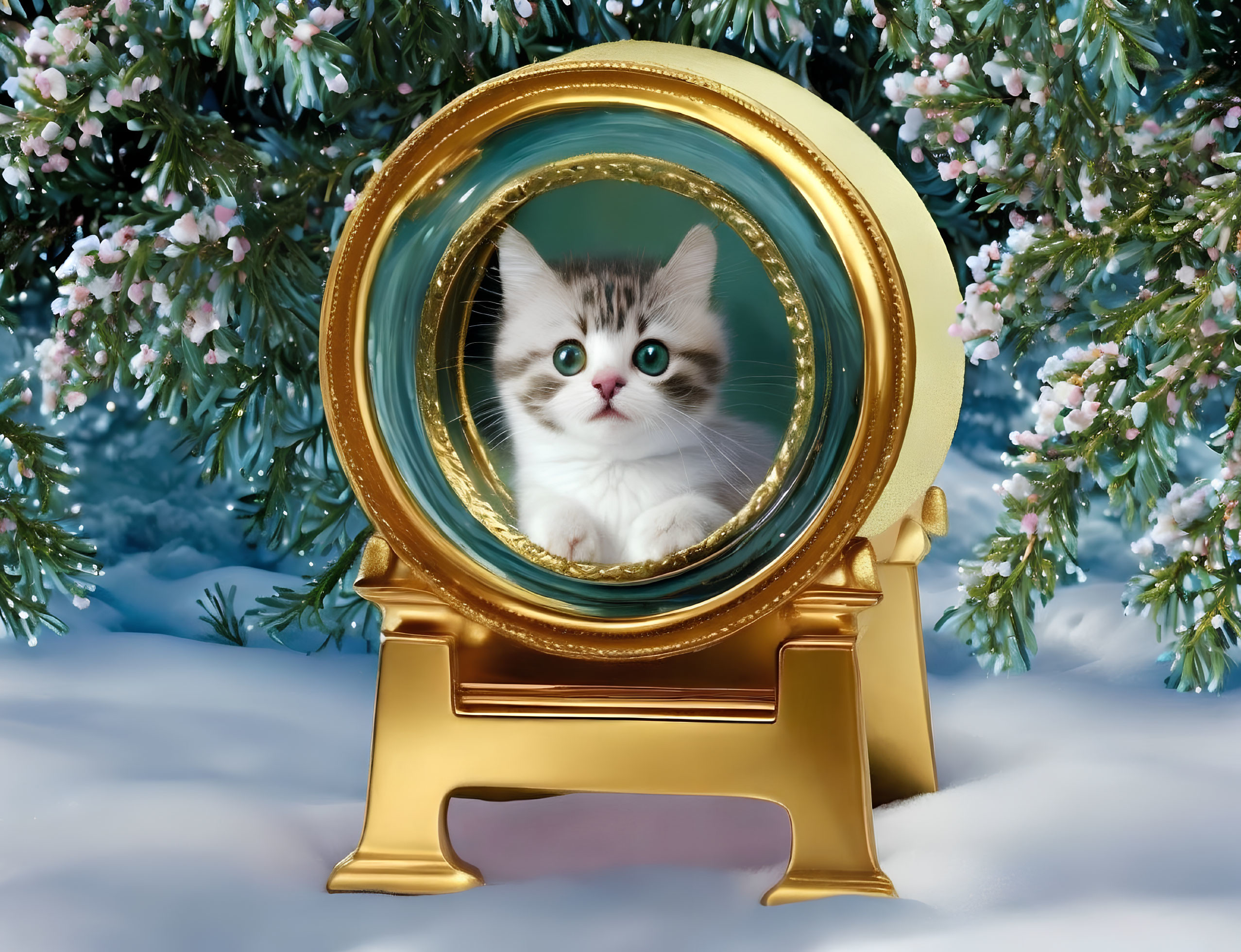 White and Gray Kitten in Golden Frame on Snow-Covered Pine Branch