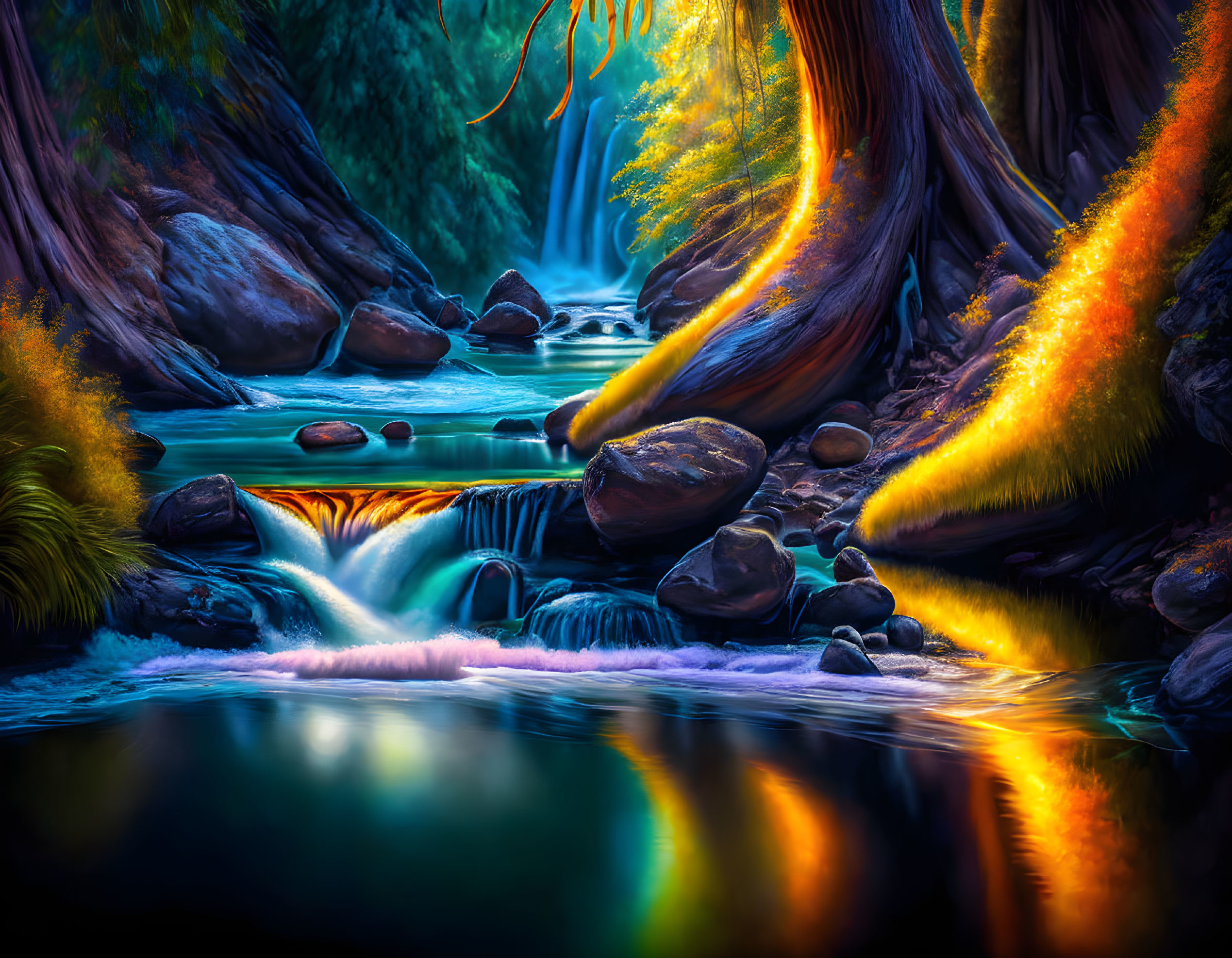 Fantasy Landscape with Cascading Stream and Glowing Trees