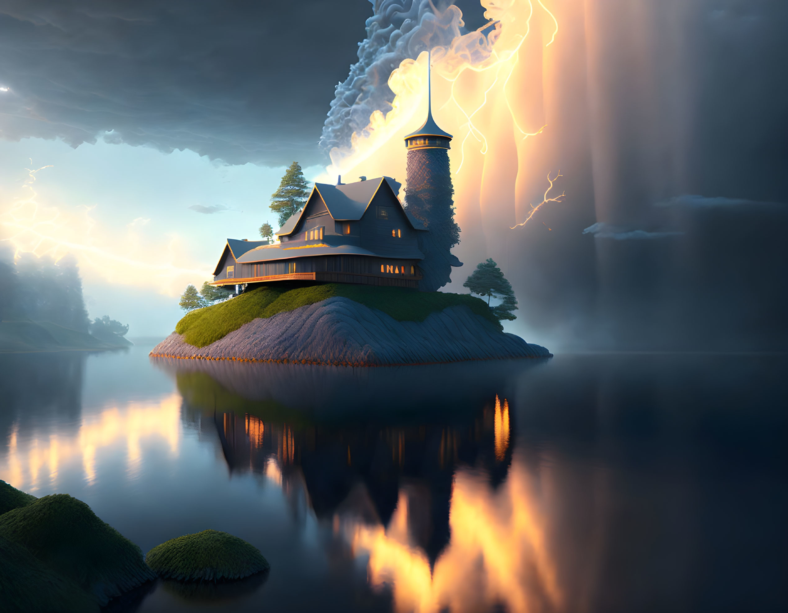 House on small island with smoking chimney, lightning over serene lake at dusk