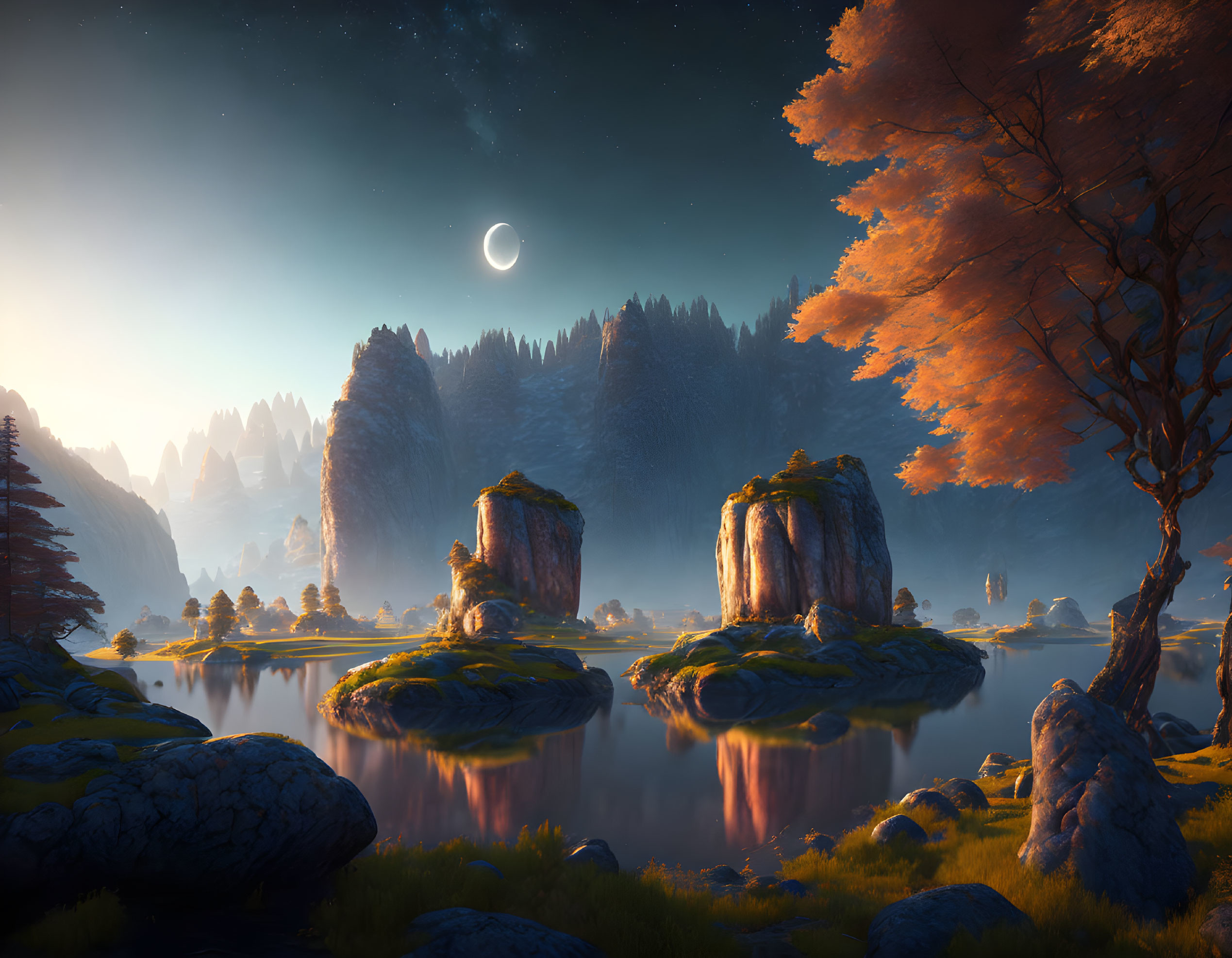 Tranquil crescent moon landscape with autumn trees and rock formations