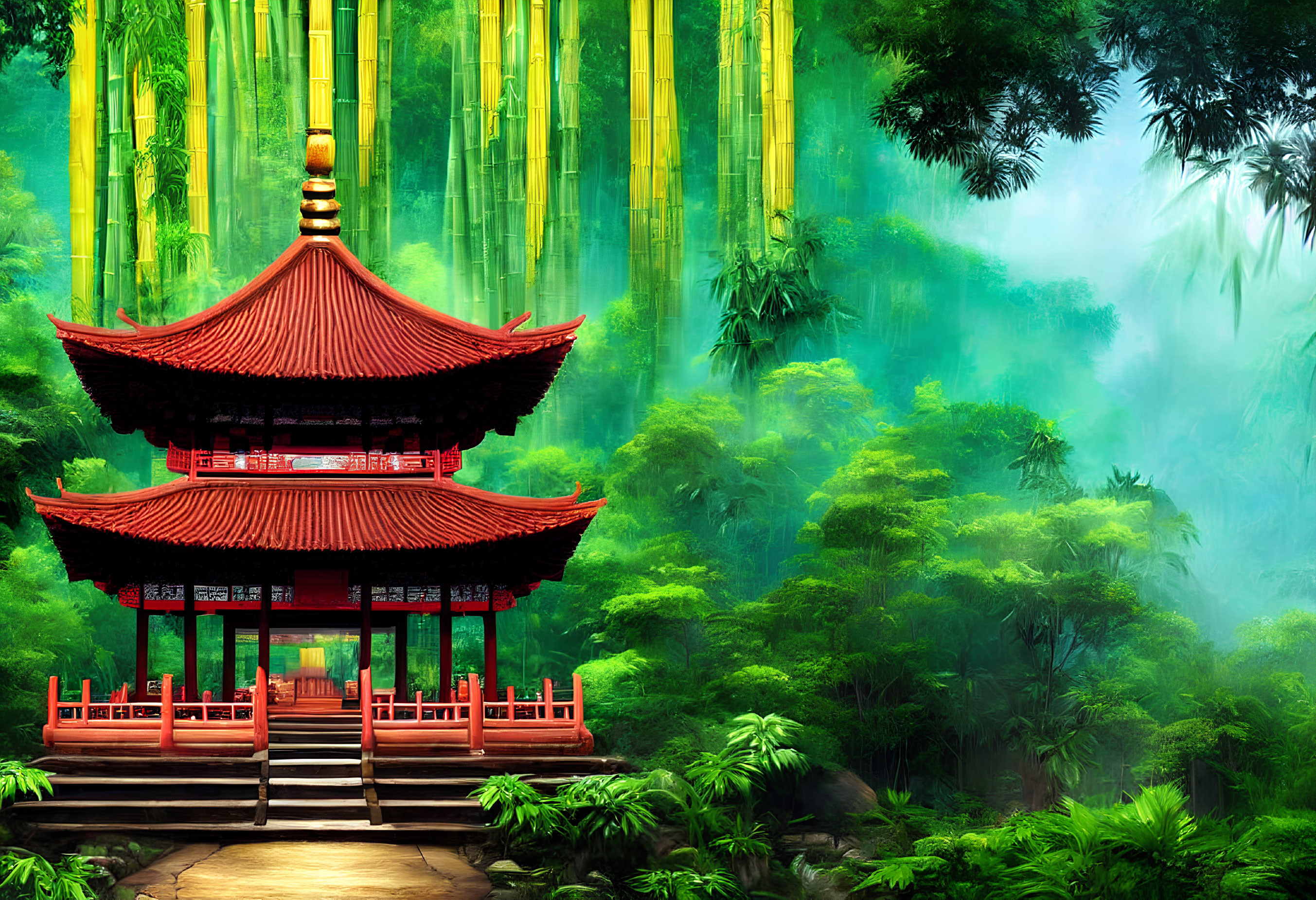 Red Pagoda Surrounded by Bamboo and Forest Mist