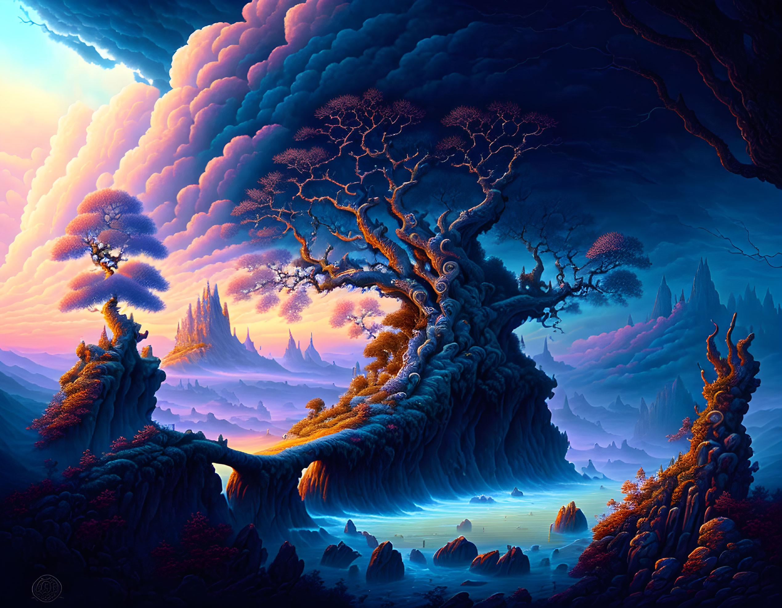 Fantastical landscape with sprawling tree, colorful clouds, misty waters at twilight