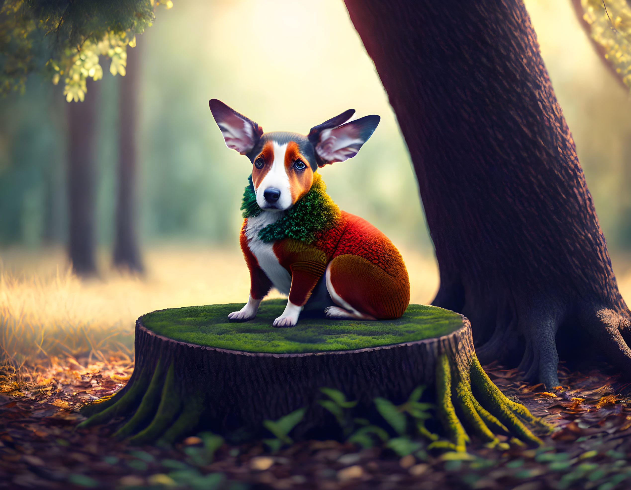 Corgi with butterfly wings in enchanted forest sunlight