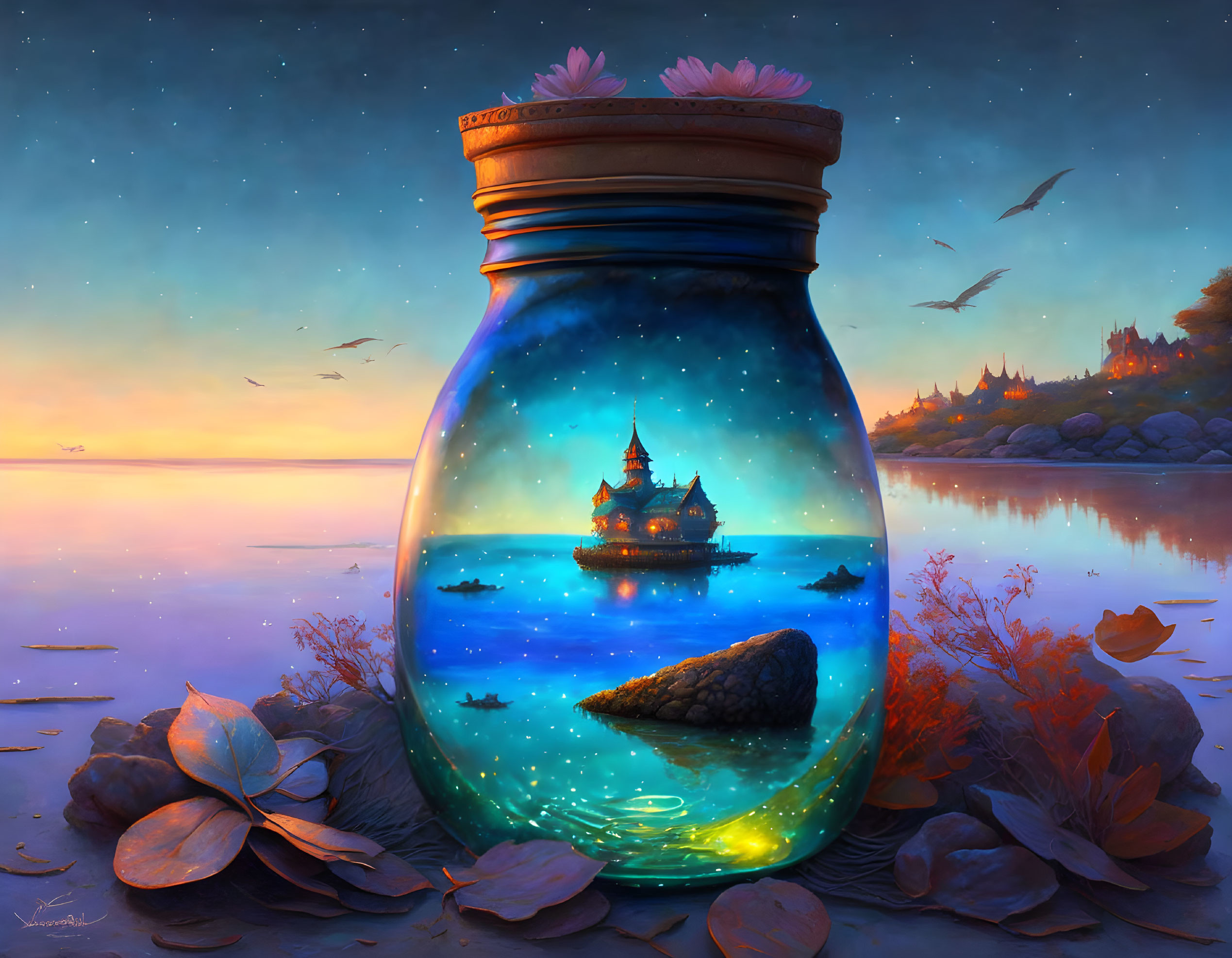 Fantasy illustration of glass jar with ocean scene, castle, sunset sky, and birds