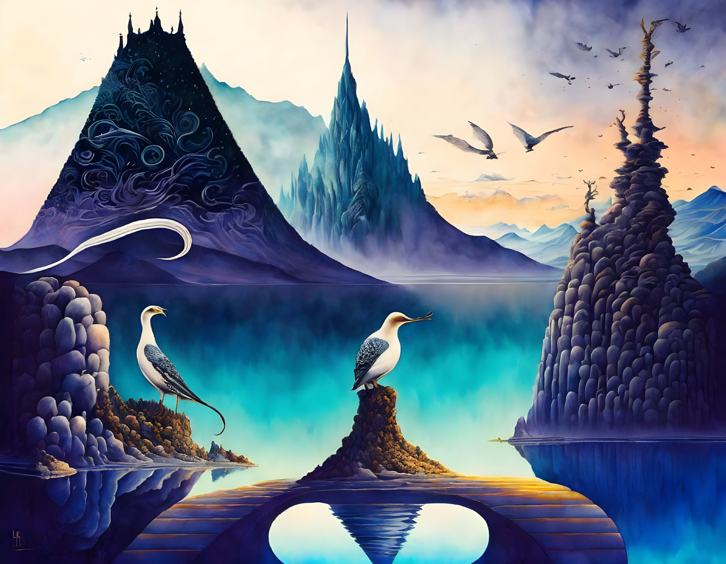 Birds on rocky islets in surreal landscape with intricate mountains and reflective lake