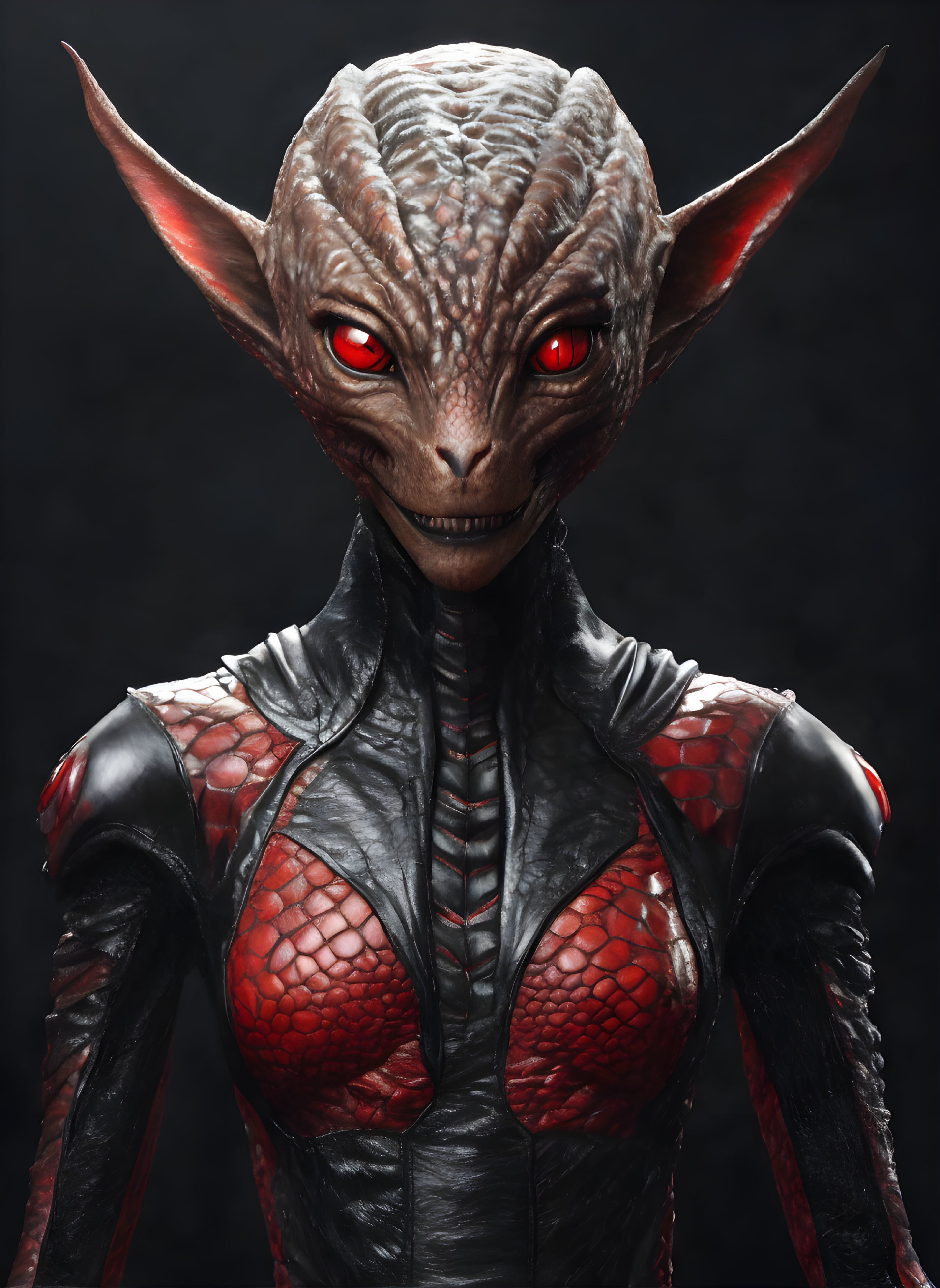 Red-eyed creature with pointed ears in scaly suit.