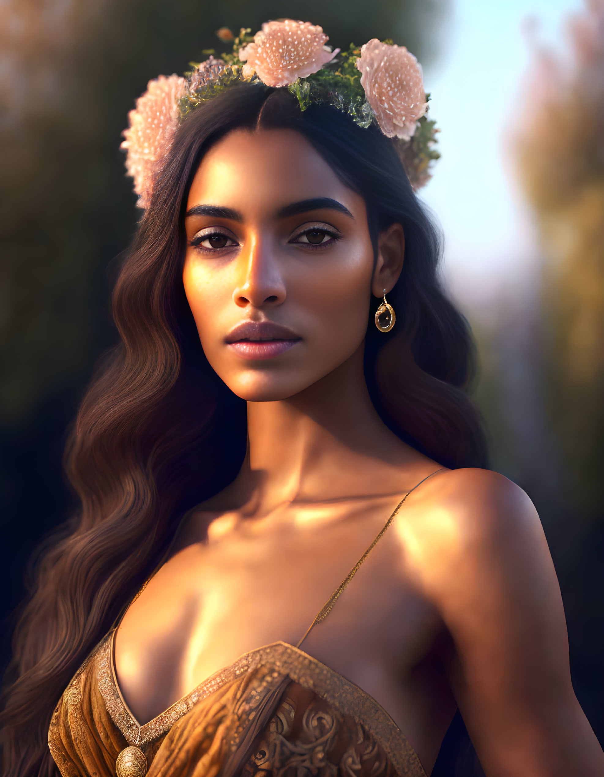 Woman in floral crown and golden attire exudes regal aura in serene setting