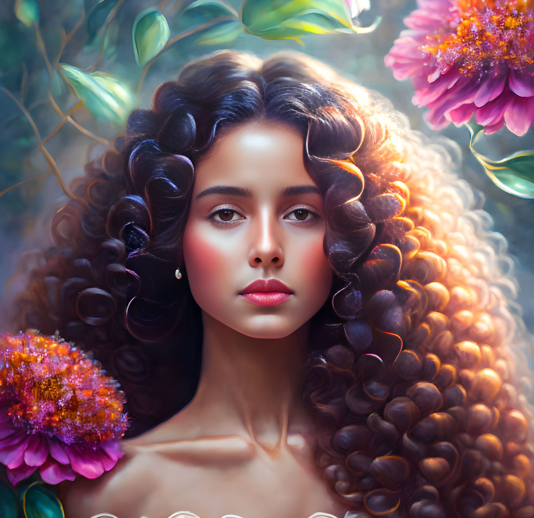 Woman with Voluminous Curly Hair Surrounded by Vibrant Flowers and Leaves