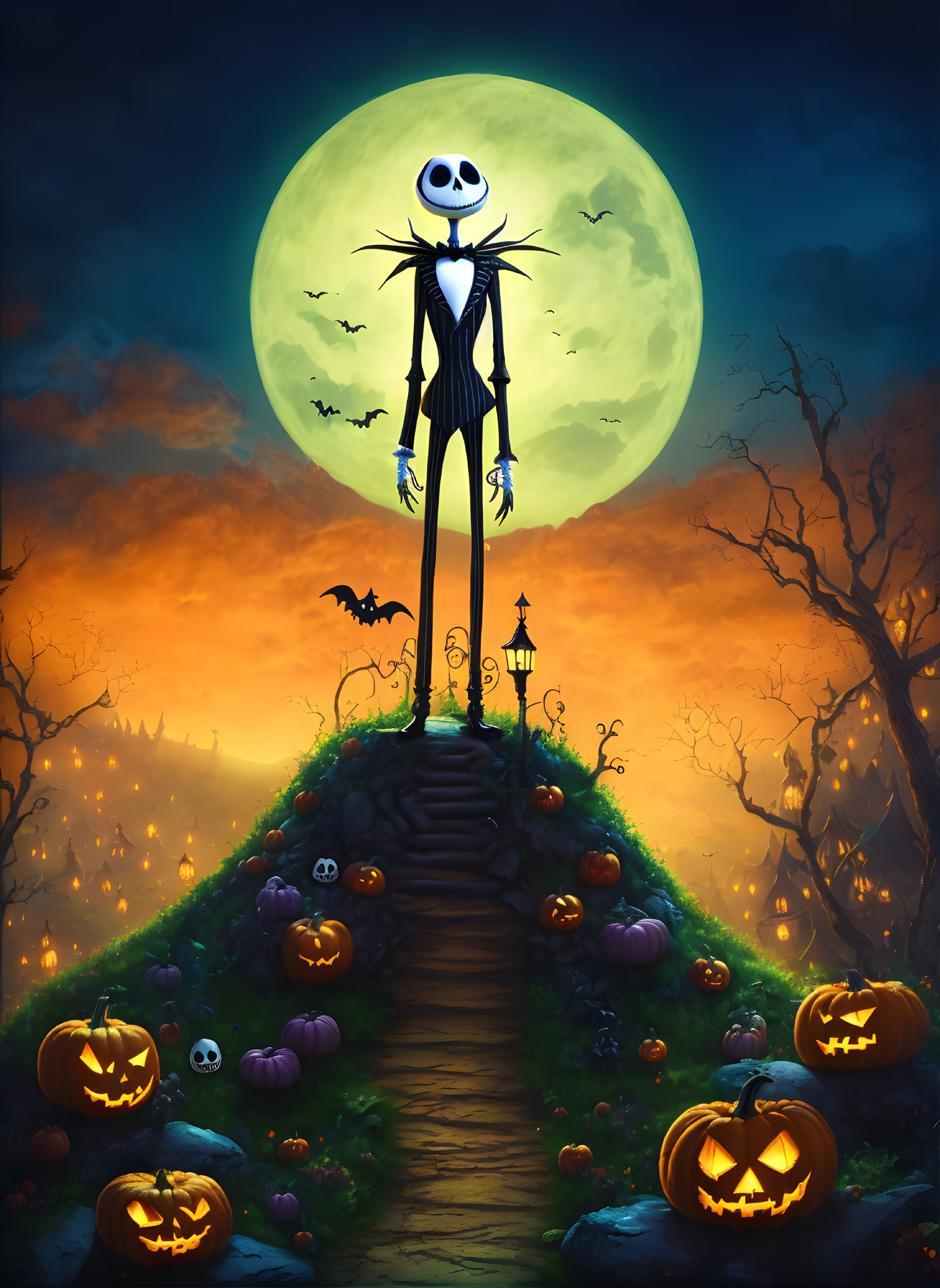 Animated character under full moon with jack-o'-lanterns and bat.