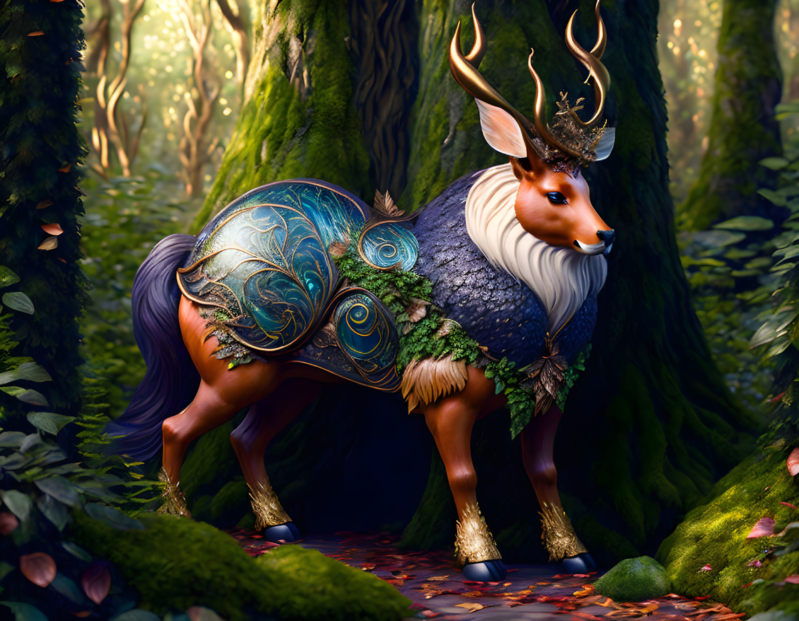 Gold-antlered stag in enchanted forest with armored body