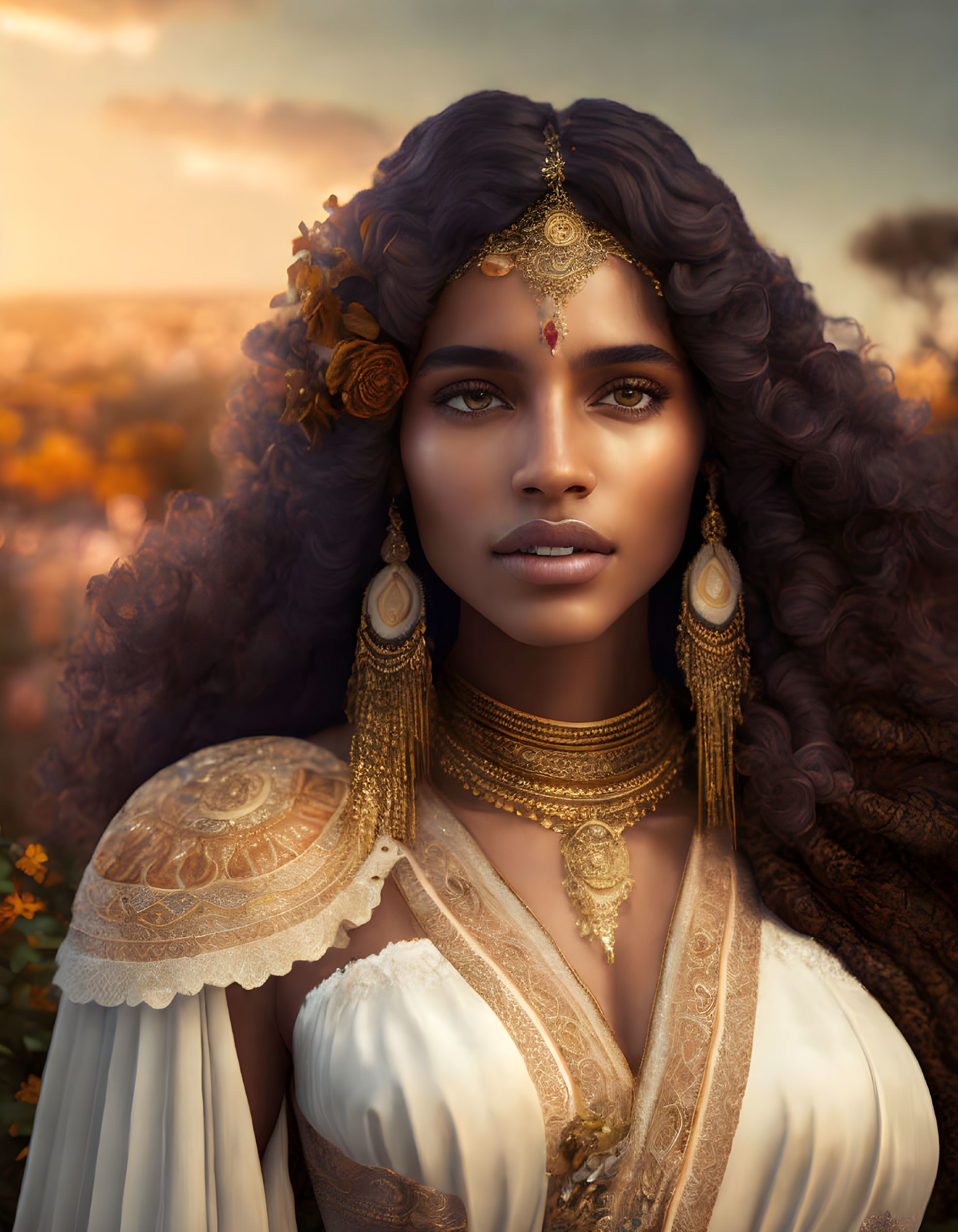 Woman adorned with golden jewelry and headpiece against sunset floral backdrop