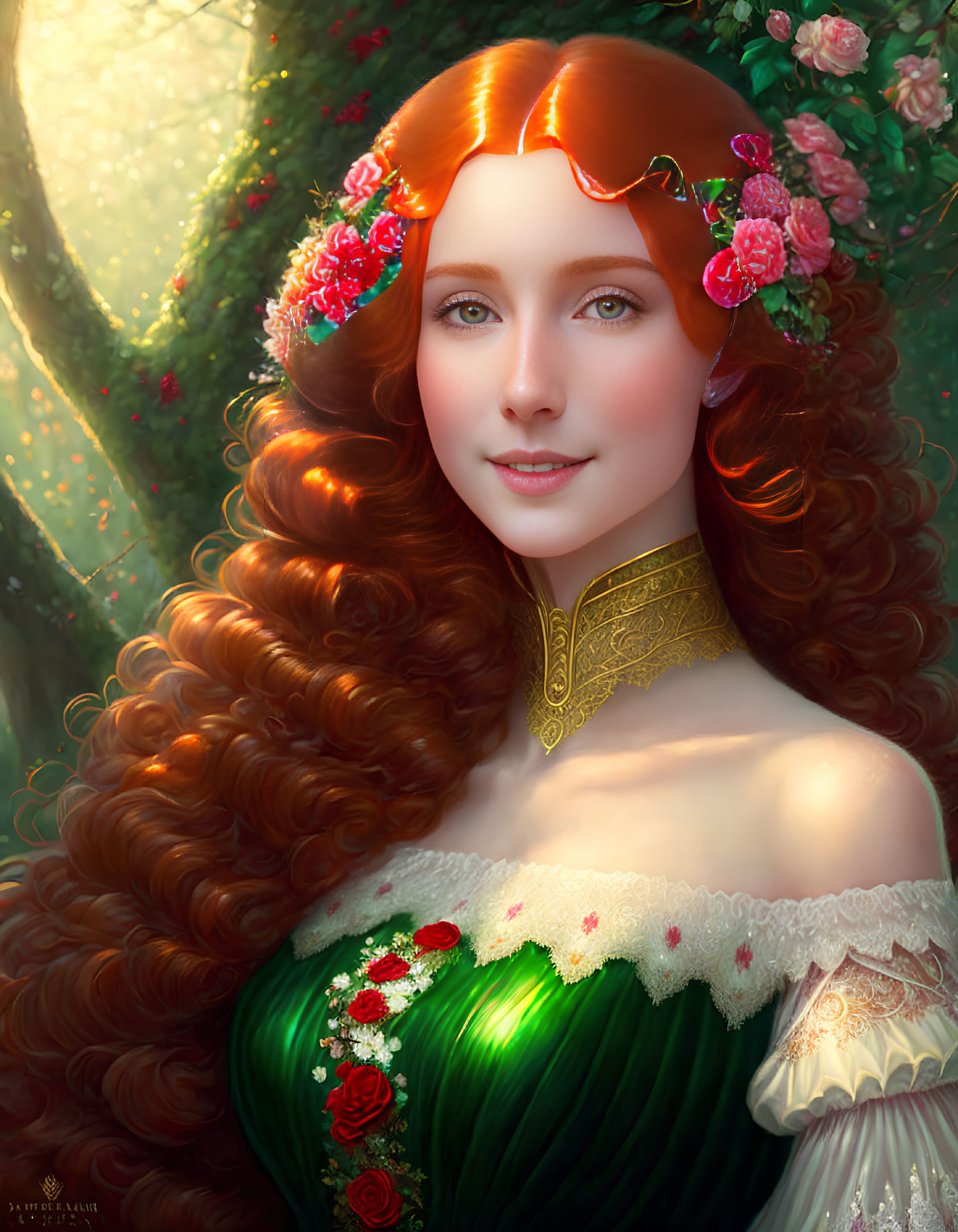 Radiant woman with auburn hair in green dress among ethereal forest