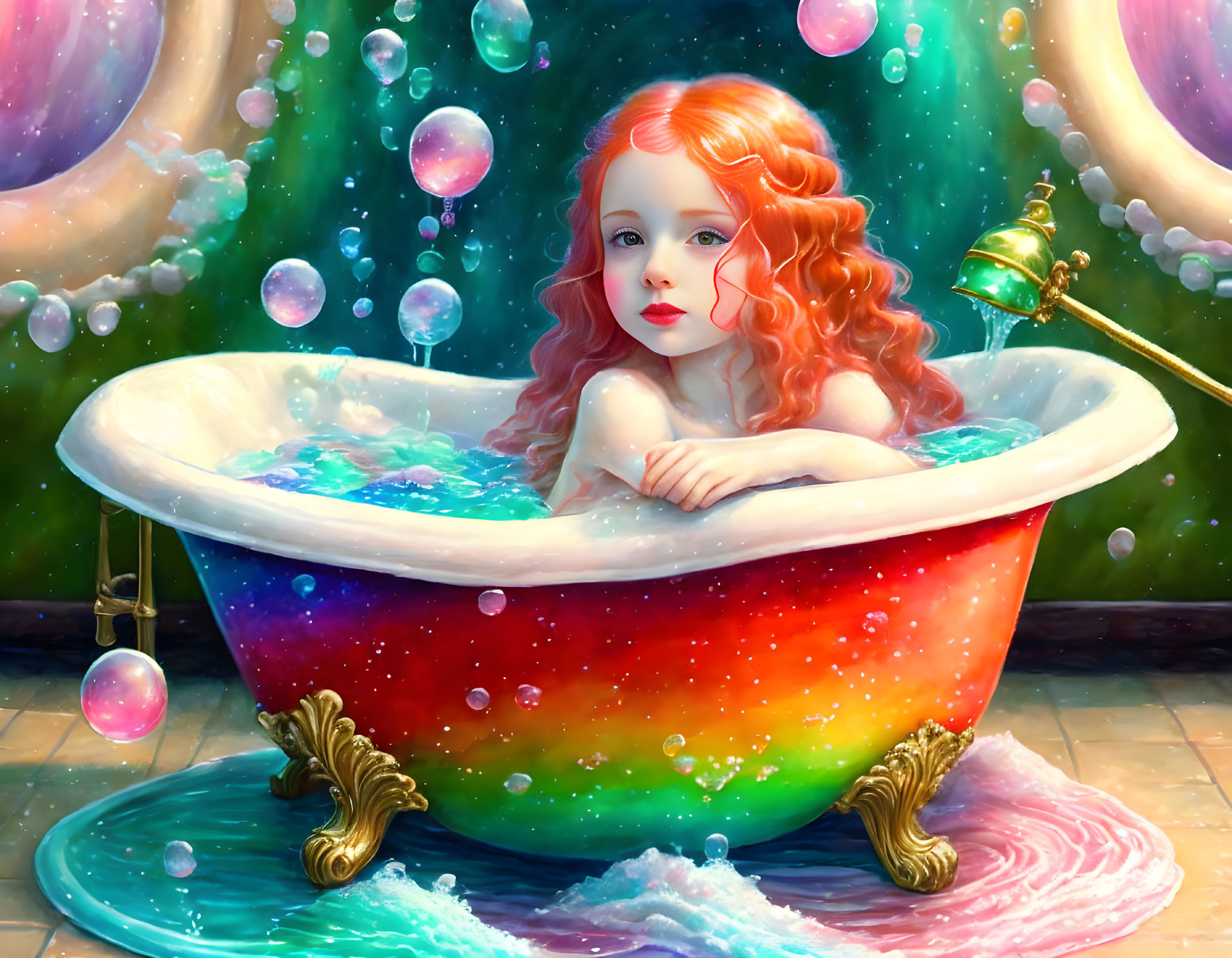 Surreal image: Girl in rainbow bathtub with bubbles and lantern in cosmic setting