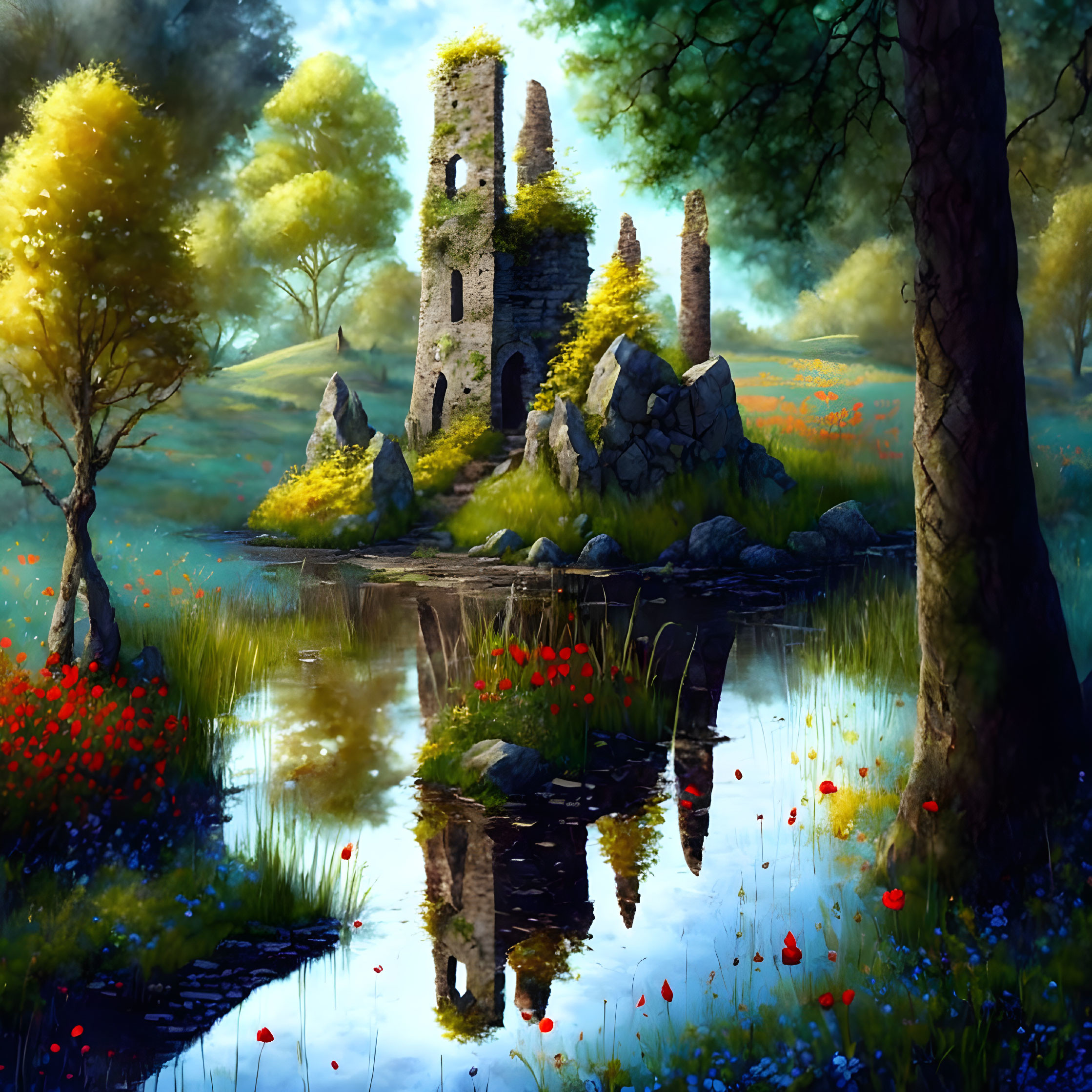 Tranquil landscape with ancient ivy-covered tower ruin and serene pond