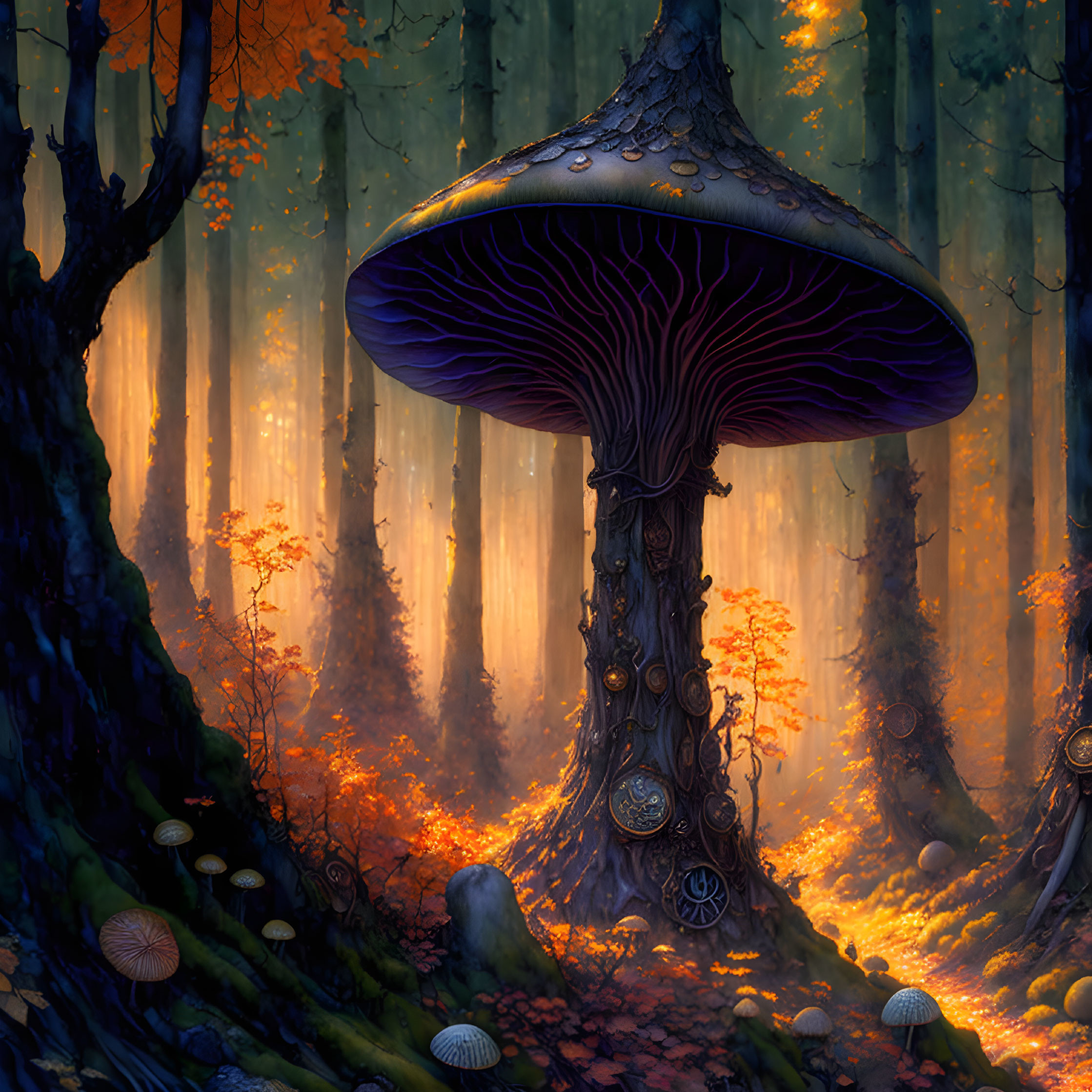 Enchanting forest scene with giant mushroom and intricate trees