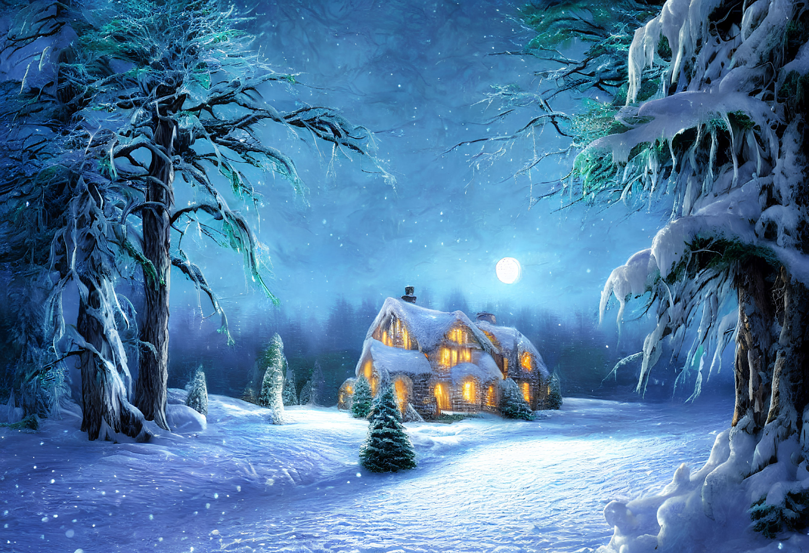 Snowy landscape with cozy cottage and full moon