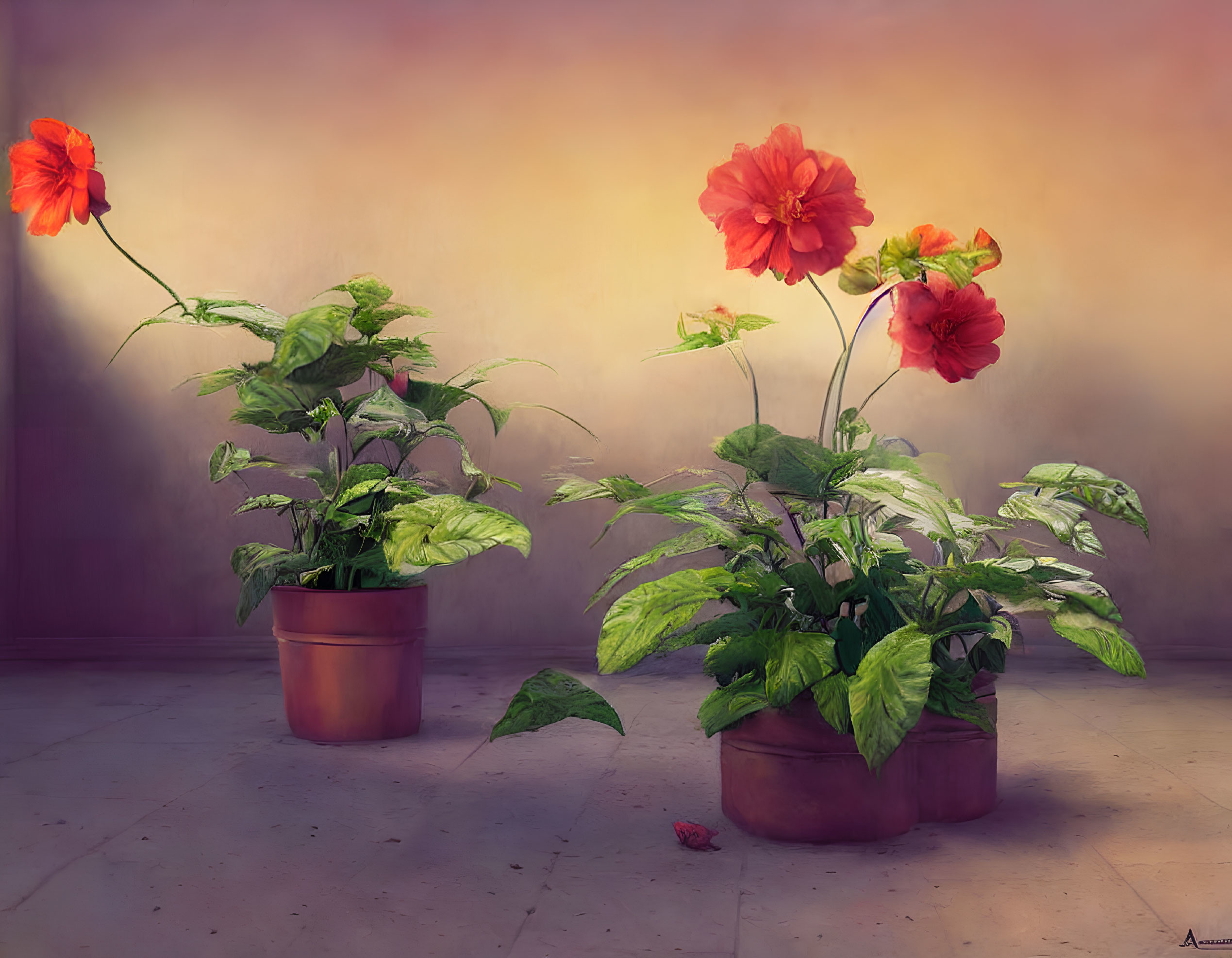 Vibrant red hibiscus plants in terracotta pots on warm, textured backdrop