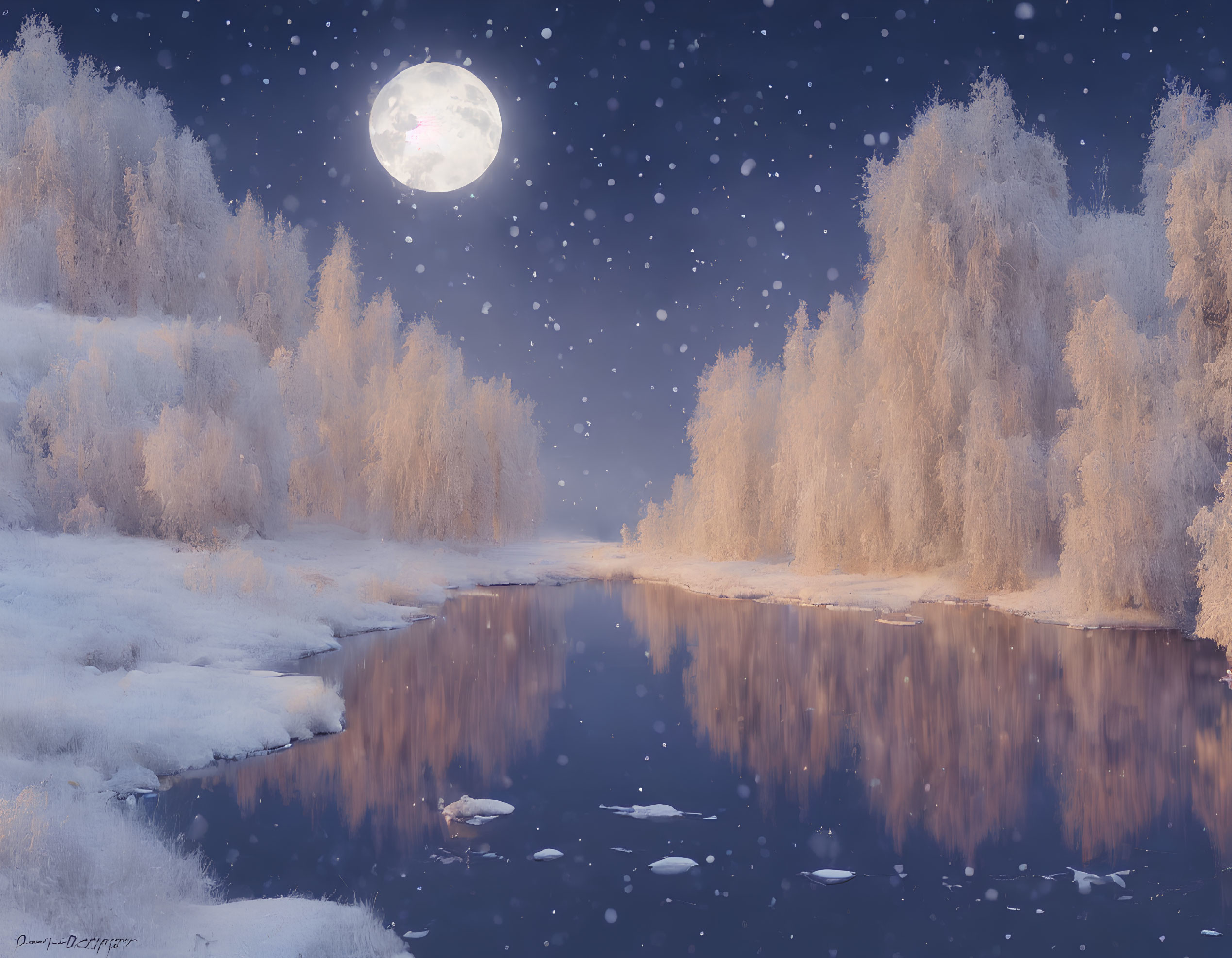 Snow-covered landscape under full moon on serene winter night