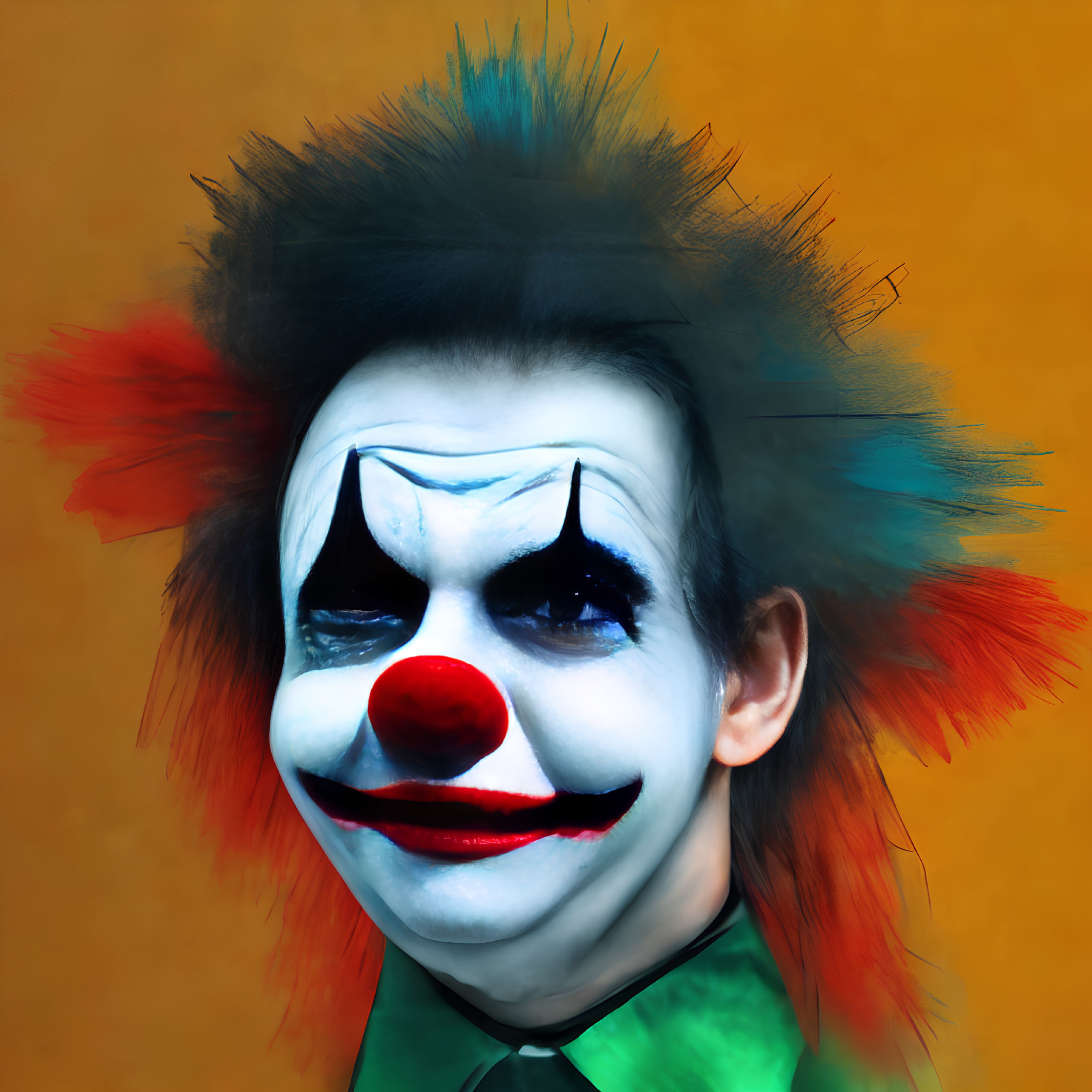 Colorful clown makeup on person against orange background