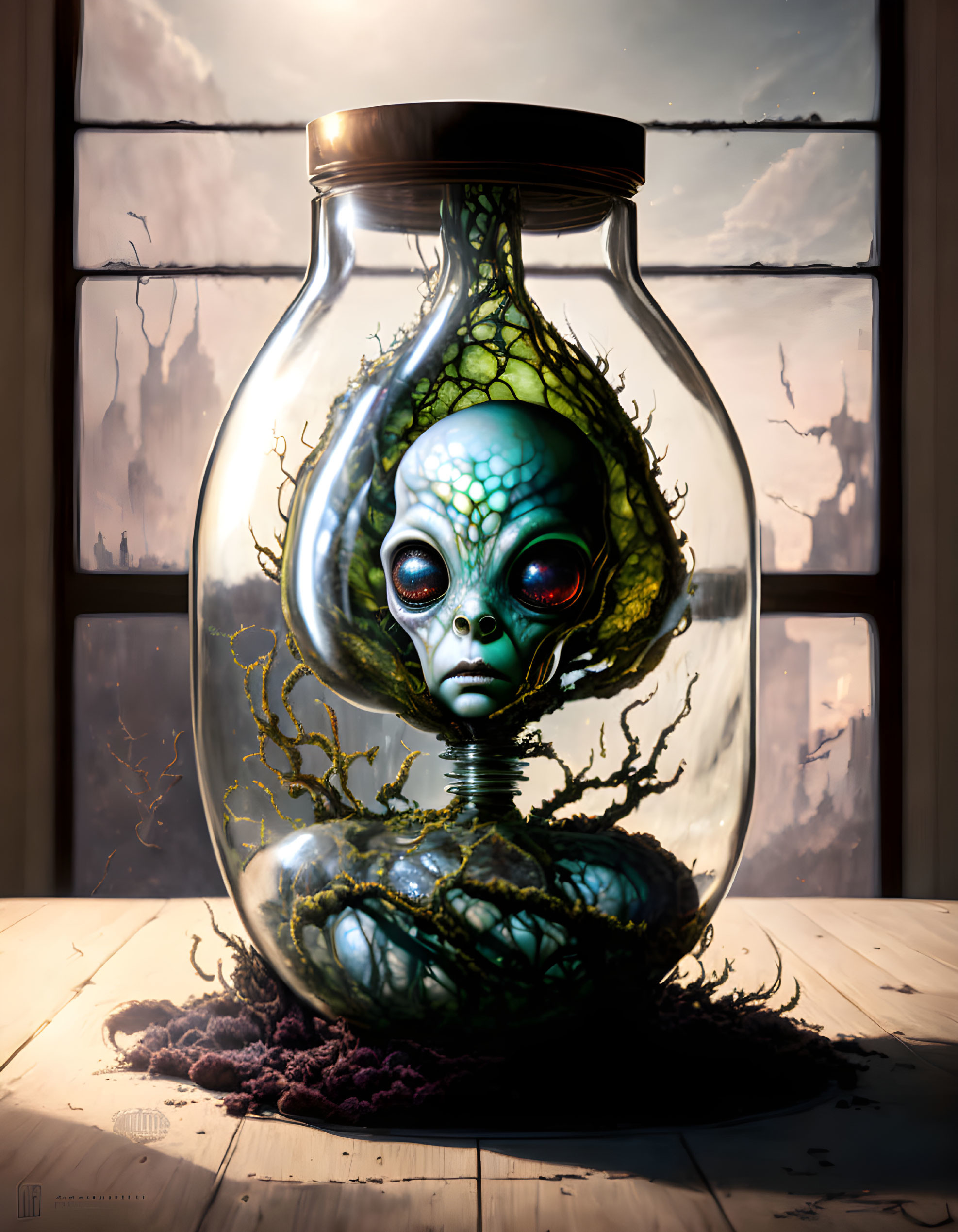 Alien head in glass jar on wooden table with roots and sunlight backdrop