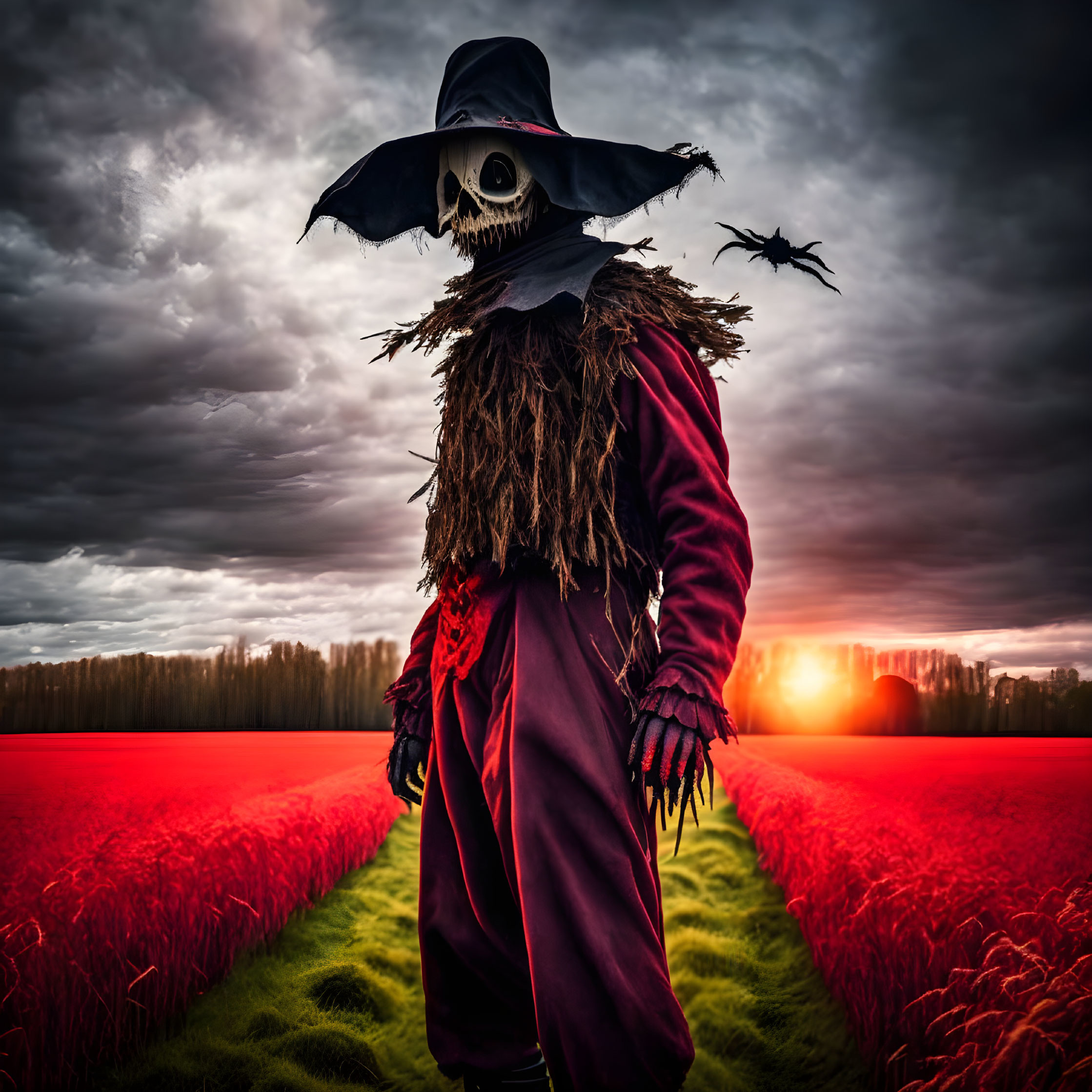 Skull-faced scarecrow in red field at sunset