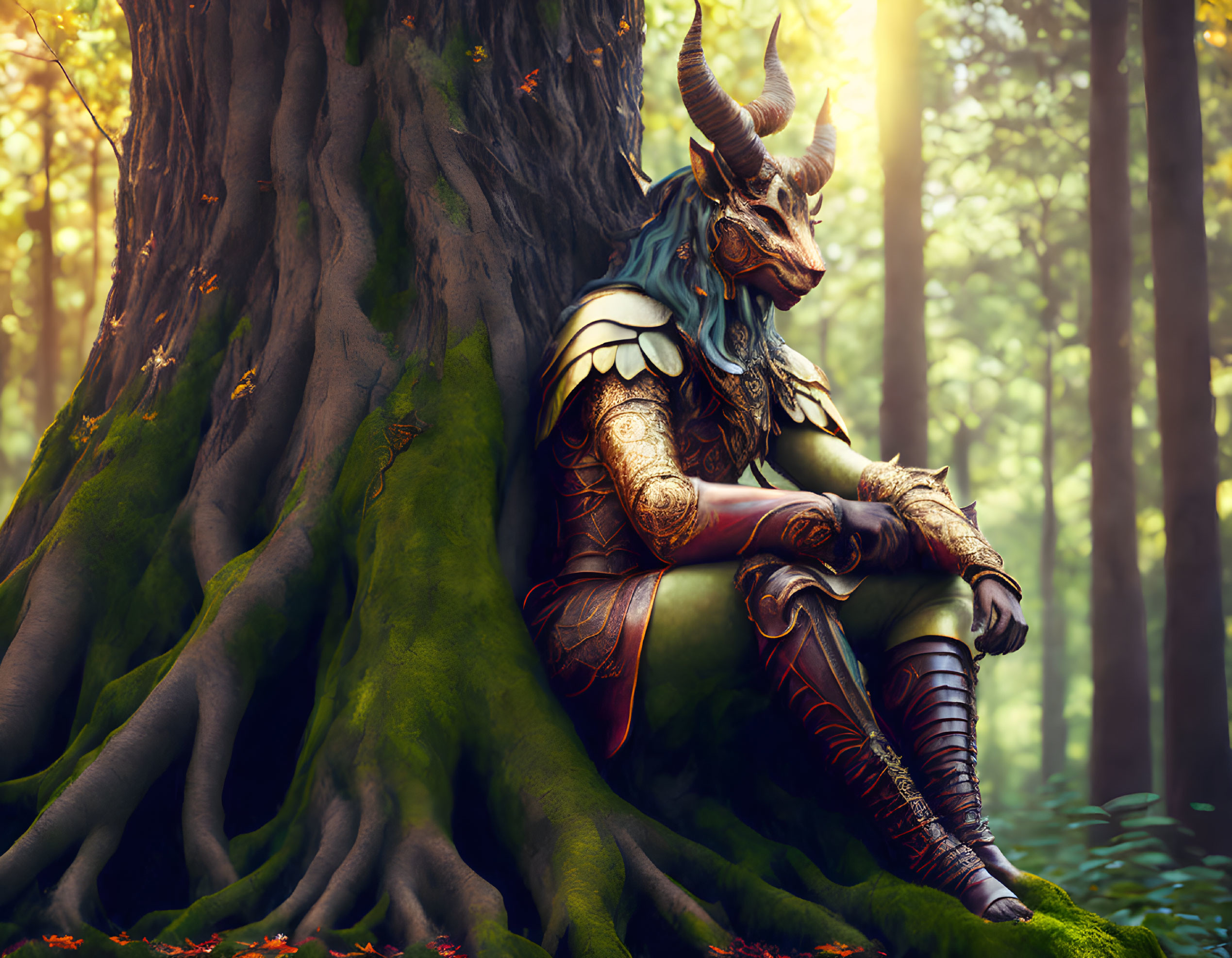 Fantasy warrior with dragon-like head in ornate armor in sunlit forest