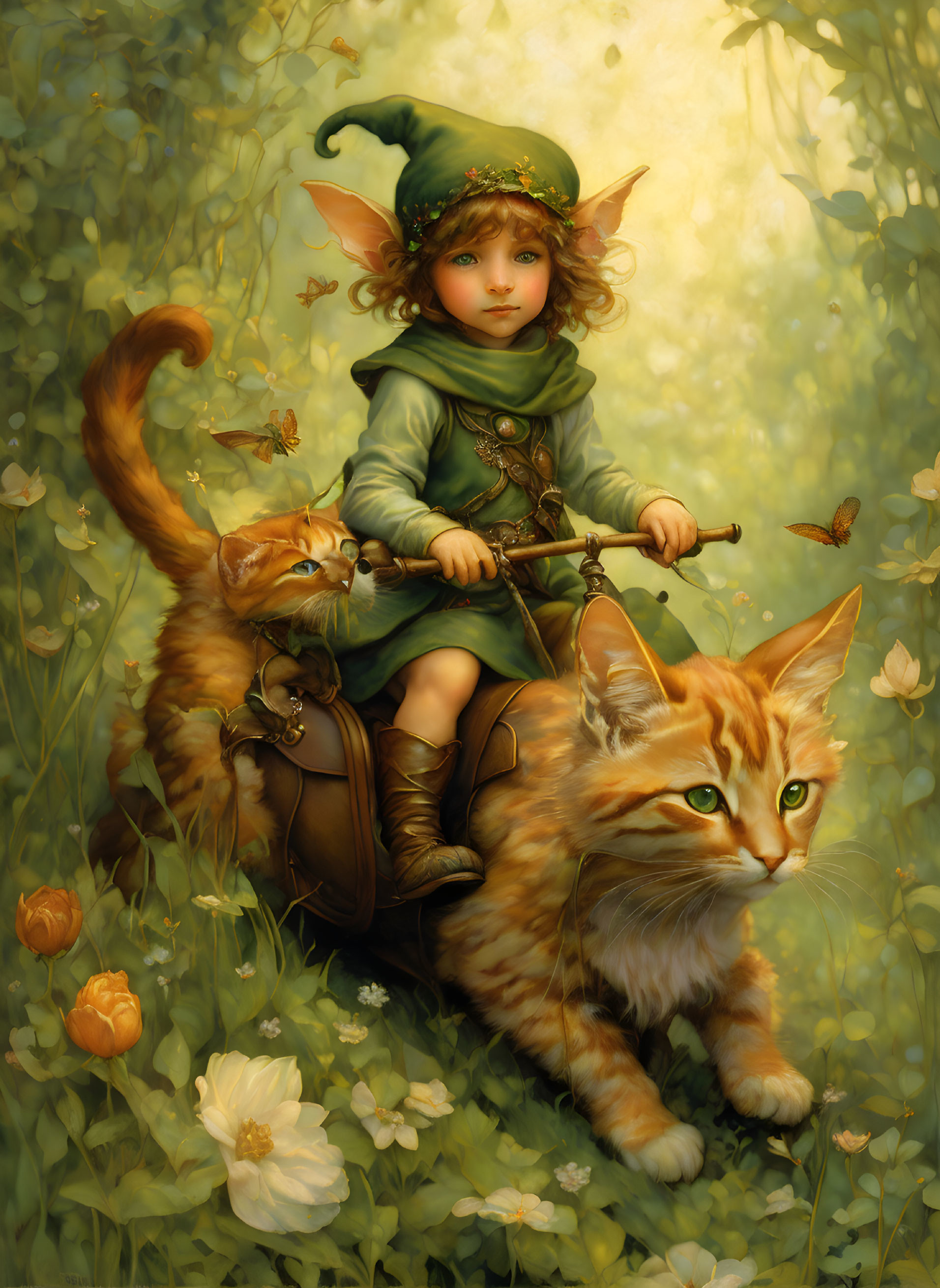 Child in elf costume with cats, flowers, and butterflies in sunlit fantasy scene