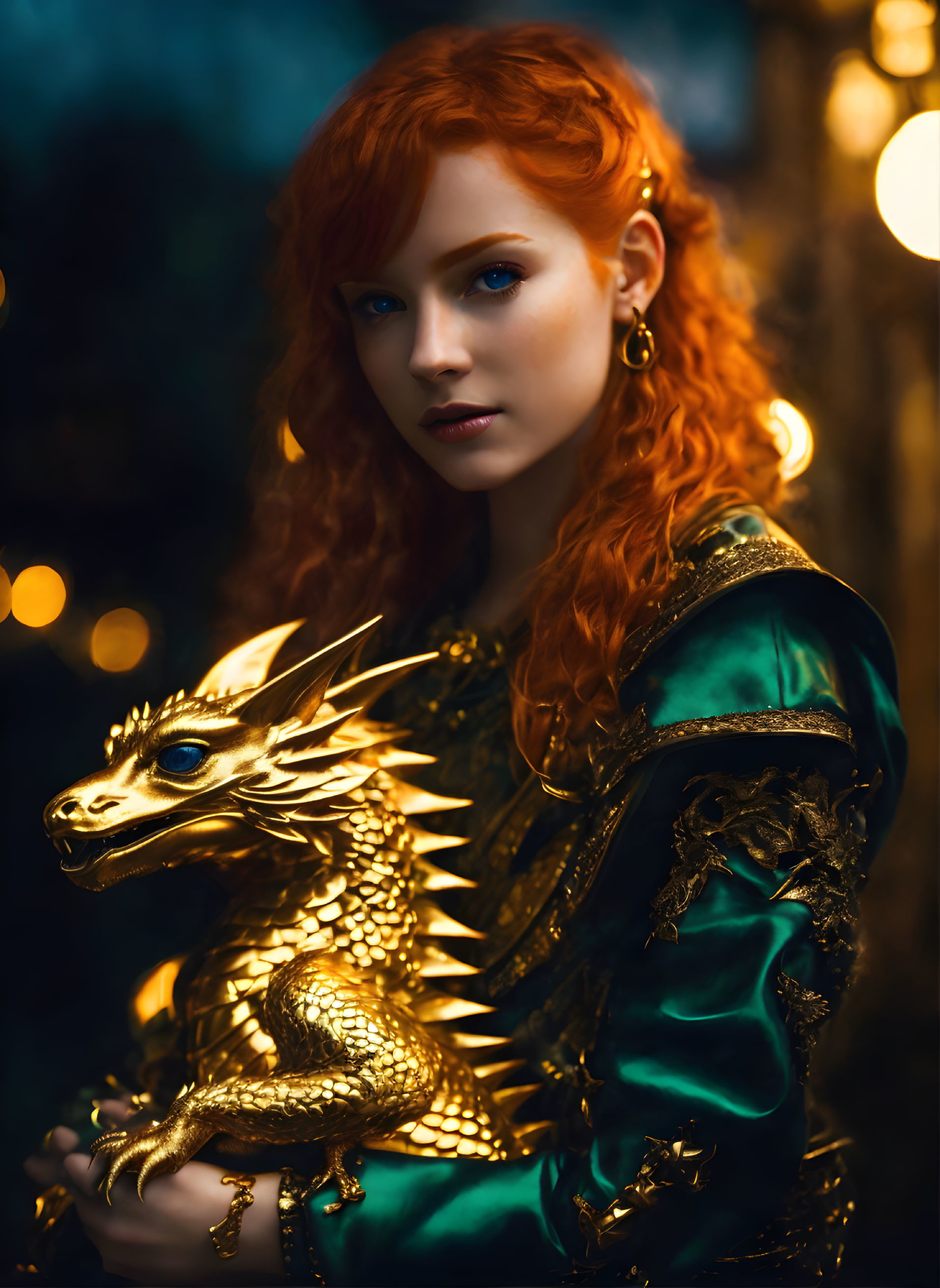 Fiery red-haired woman with golden dragon statue in rich green dress